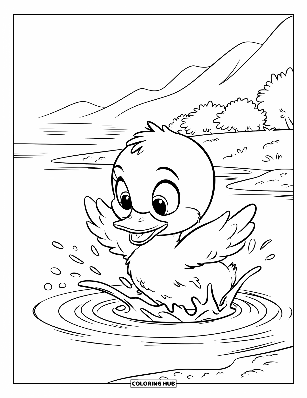 Duckling Coloring Page for Kids: Duckling splashing water near the shore in a mountain landscape