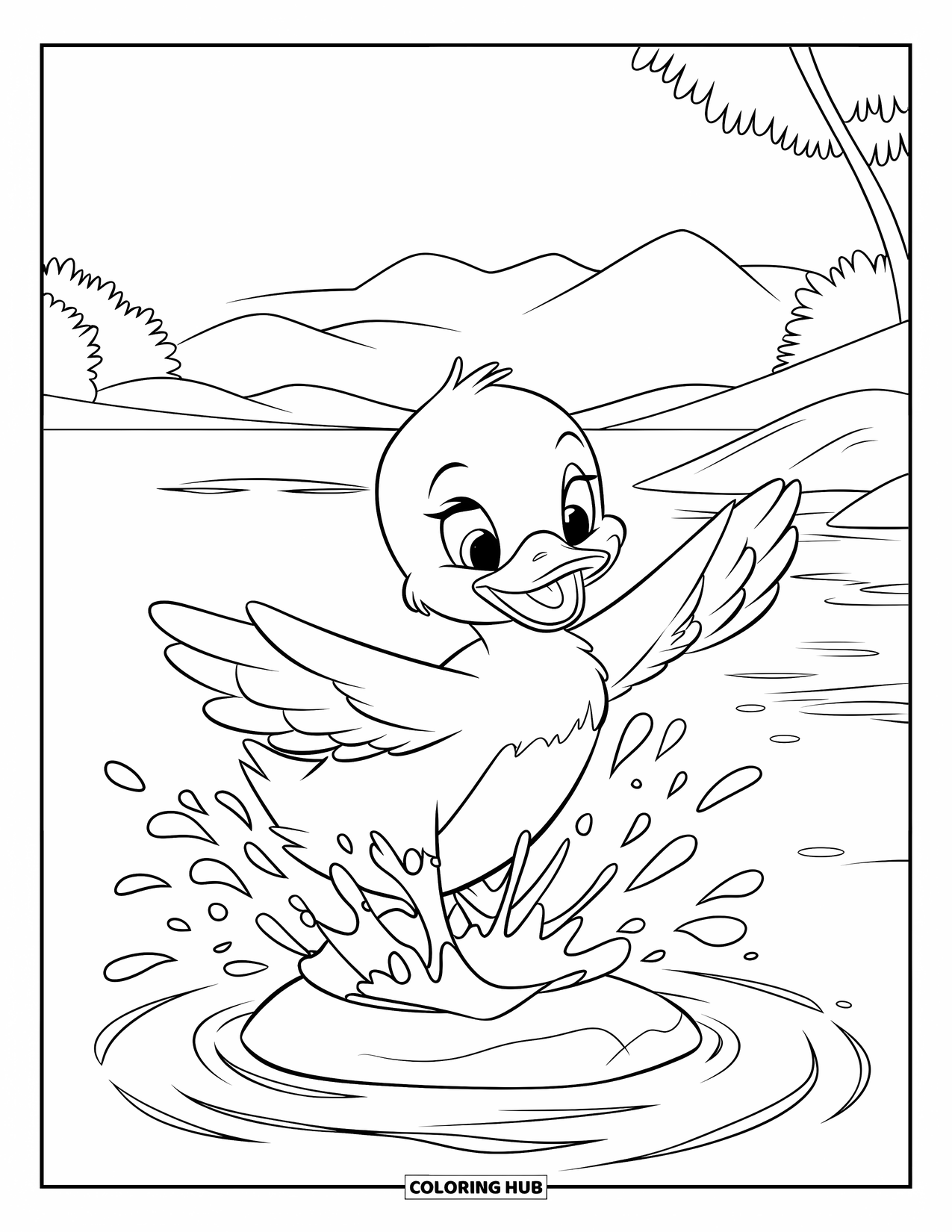Duckling Coloring Page for Kids: Duckling splashing with webbed feet in a mountain lake