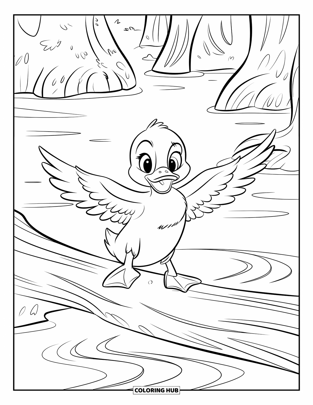 Duckling Coloring Page for Kids: Duckling spreading wings on a mossy log over rippling water