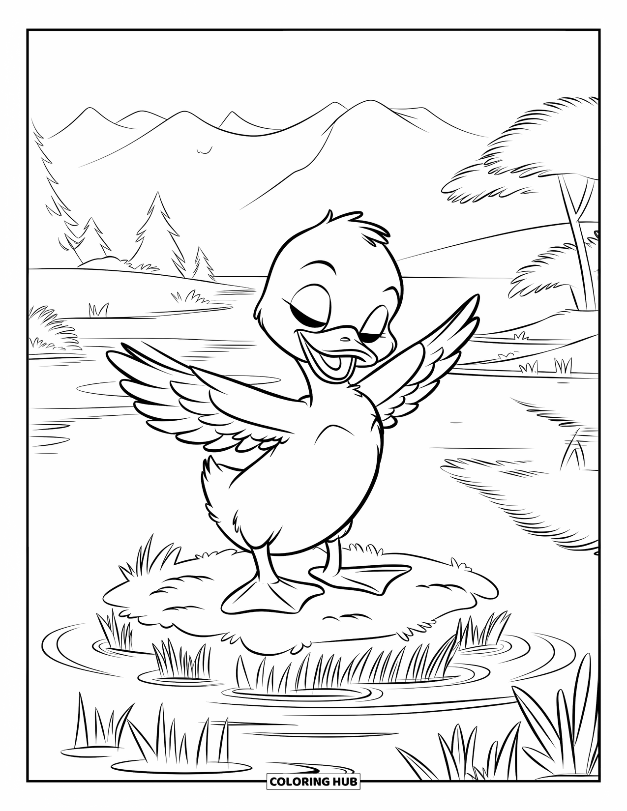 Duckling Coloring Page for Kids: Duckling stretching wings on a reed island under a clear sky
