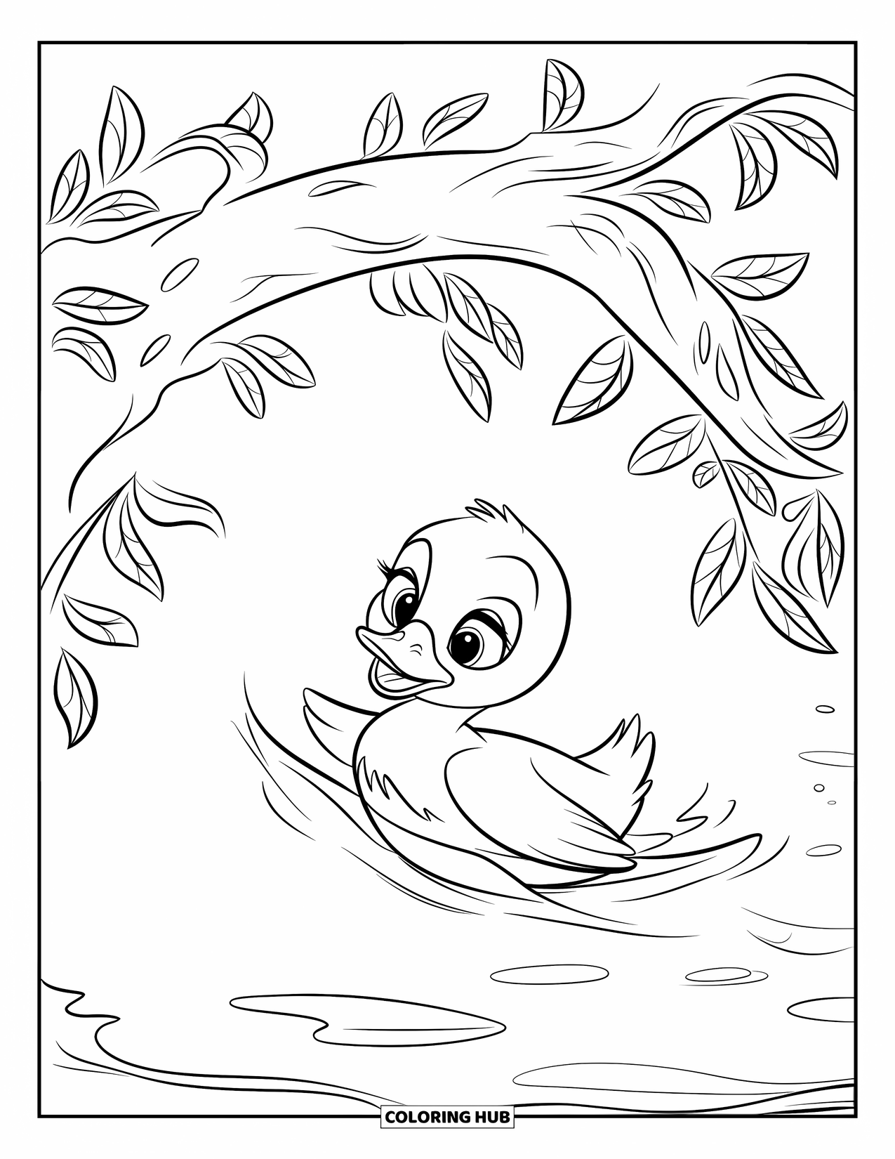 Duckling Coloring Page for Kids: Duckling swimming beneath an arched leafy branch on calm rippling water