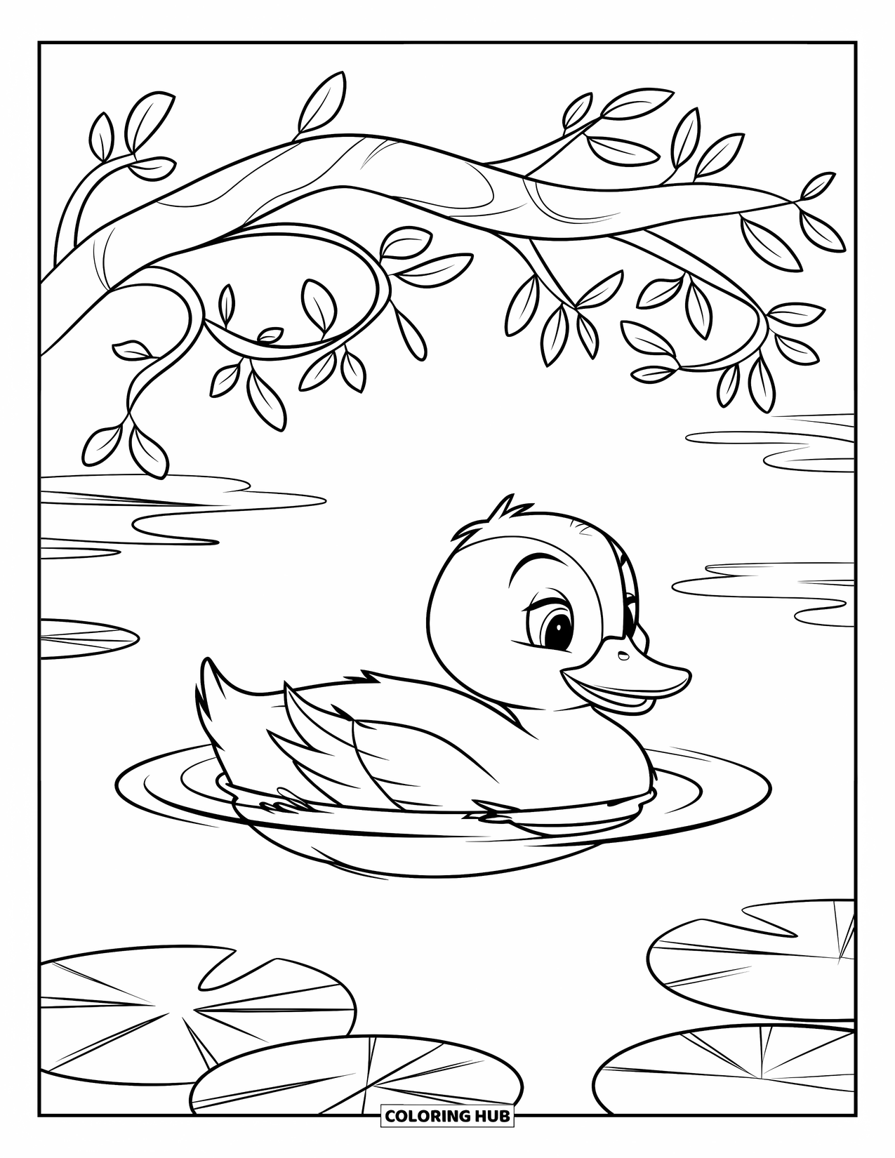 Duckling Coloring Page for Kids: Duckling swimming under an arched branch above a pond with lily pads