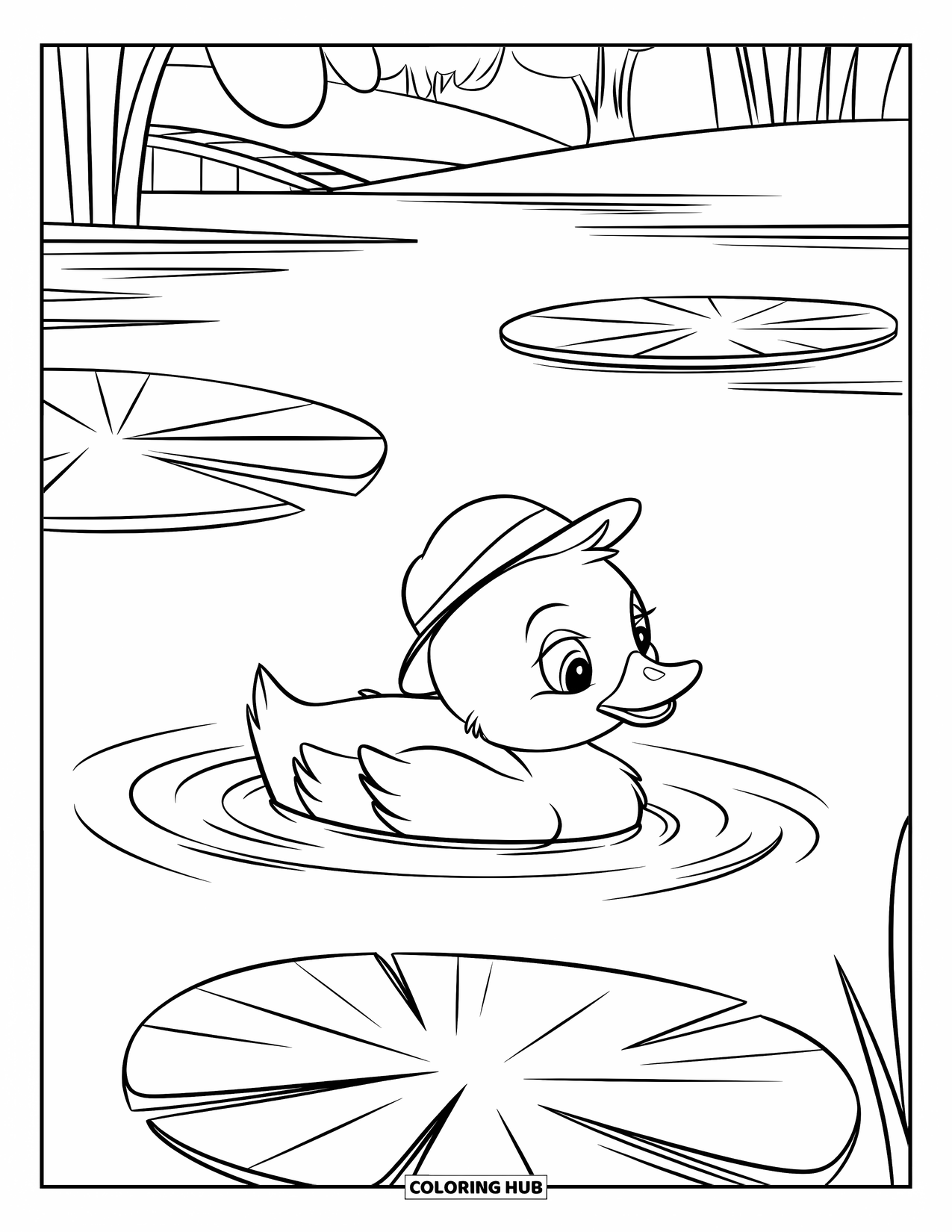 Duckling Coloring Page for Kids: Duckling swimming with lily pads in clear water by a distant bridge