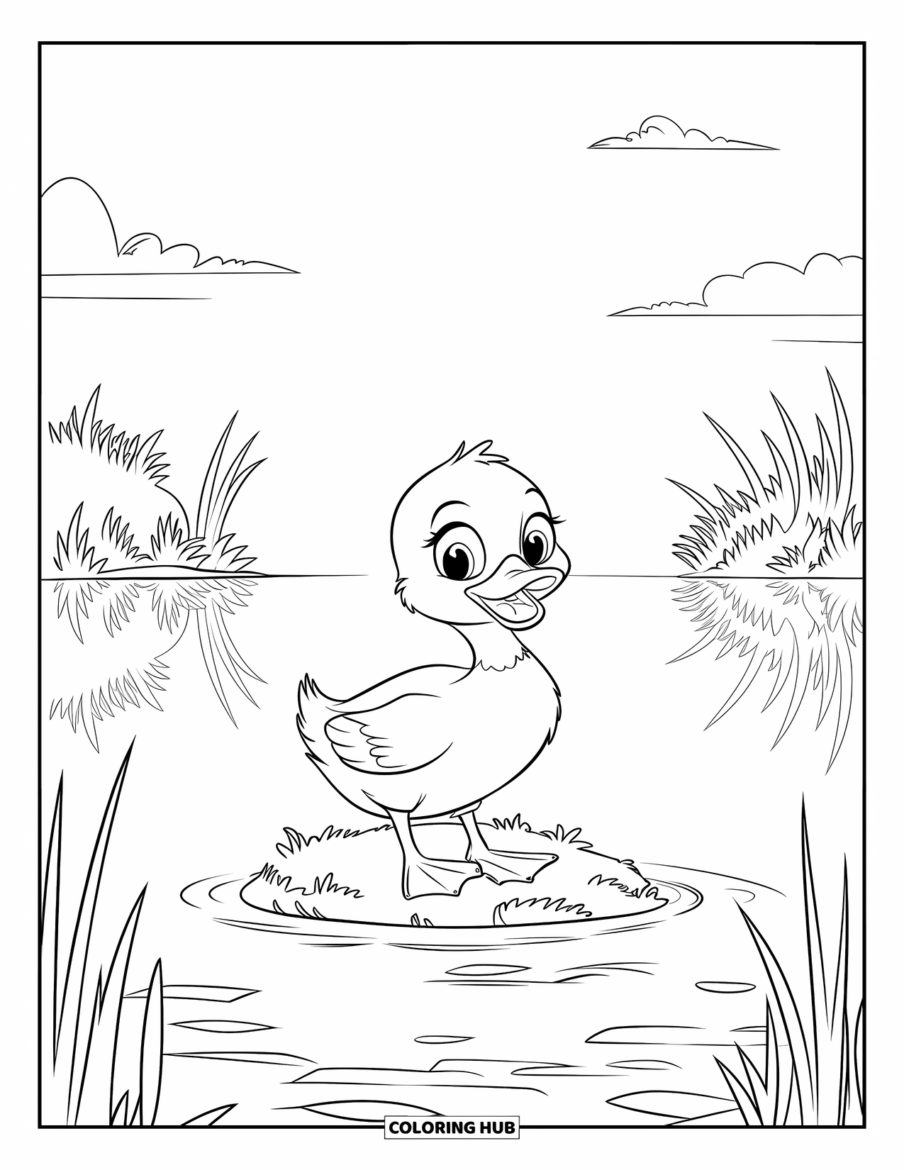 Duckling Coloring Page for Kids: Duckling turning its head on a reed island reflected in the lake