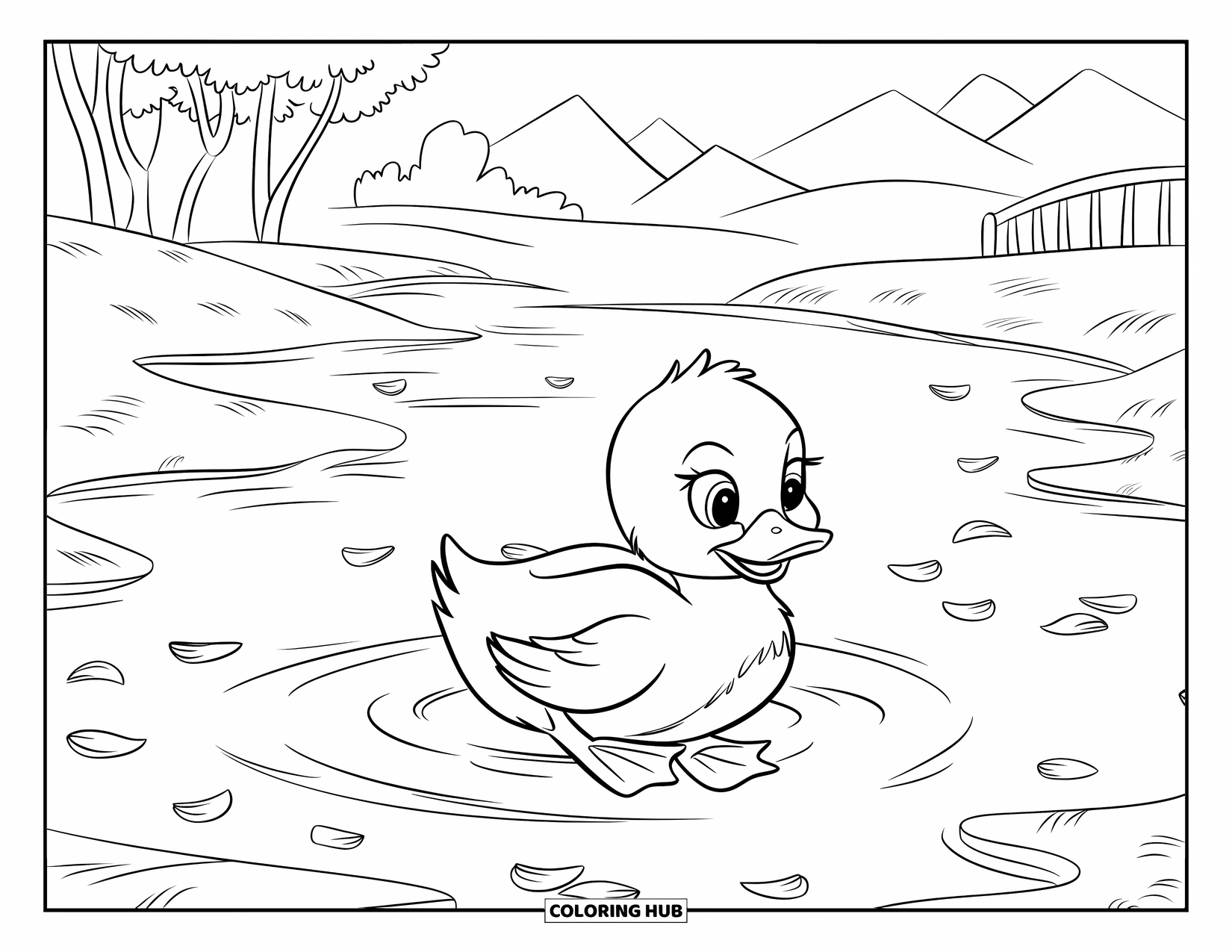 Duckling Coloring Page for Kids: Duckling wading among floating petals in a peaceful mountain scene