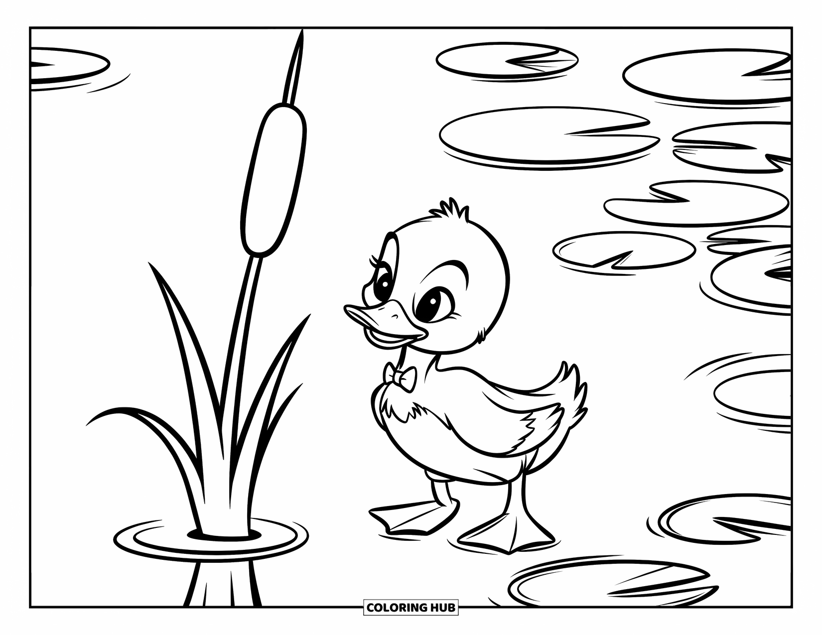 Duckling Coloring Page for Kids: Duckling with a bow tie standing by a cattail near lily pads