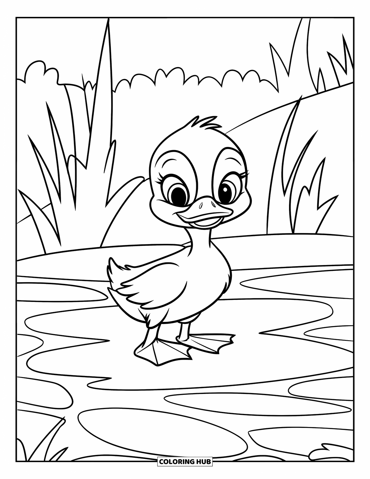 Duckling Coloring Page for Kids: Duckling with large eyes standing on grass with trees behind