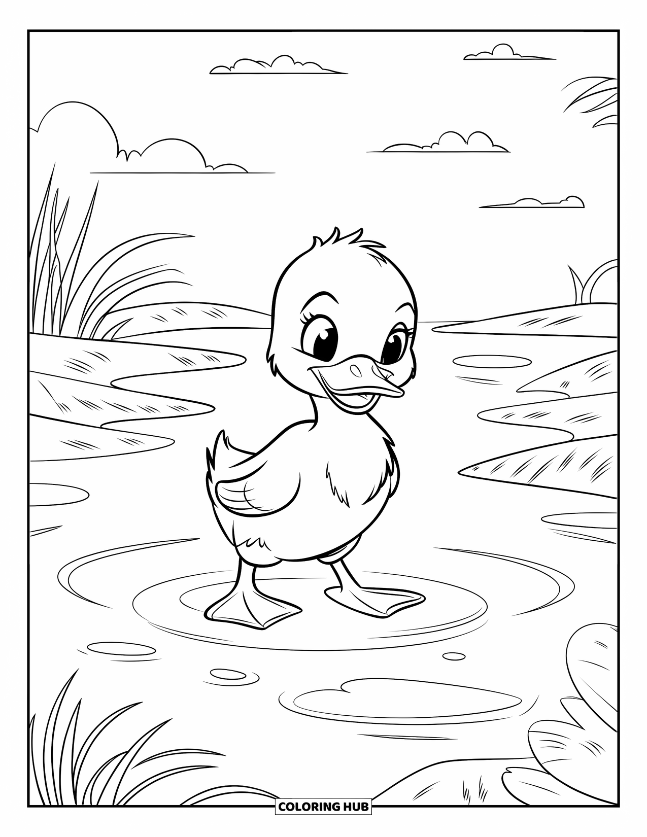 Duckling Coloring Page for Kids: Duckling with orange feet standing in shallow water under a cloudy sky
