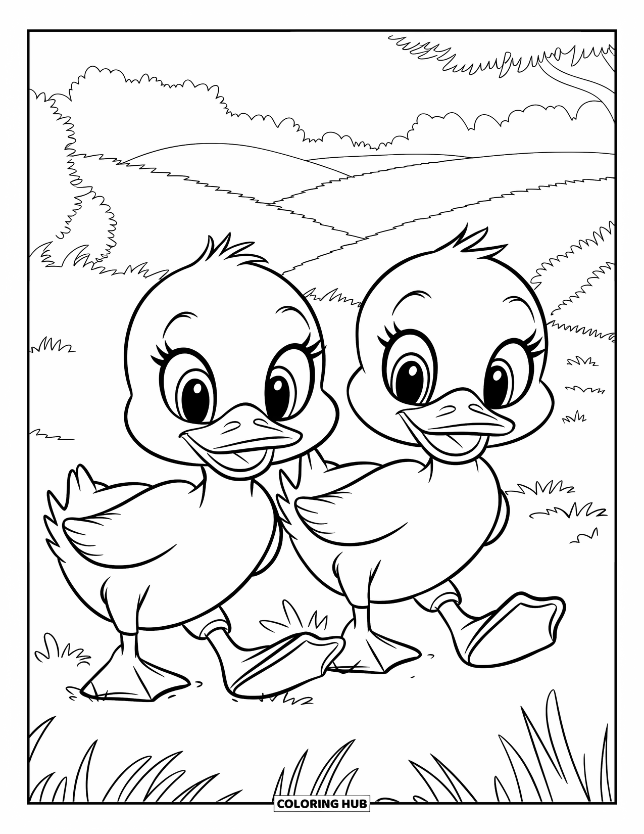 Duckling Coloring Page for Kids: Two ducklings smiling as they walk across rolling hills