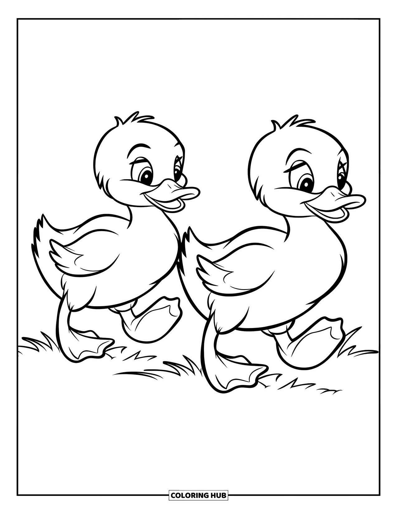 Duckling Coloring Page for Kids: Two ducklings walking side by side on grassy ground