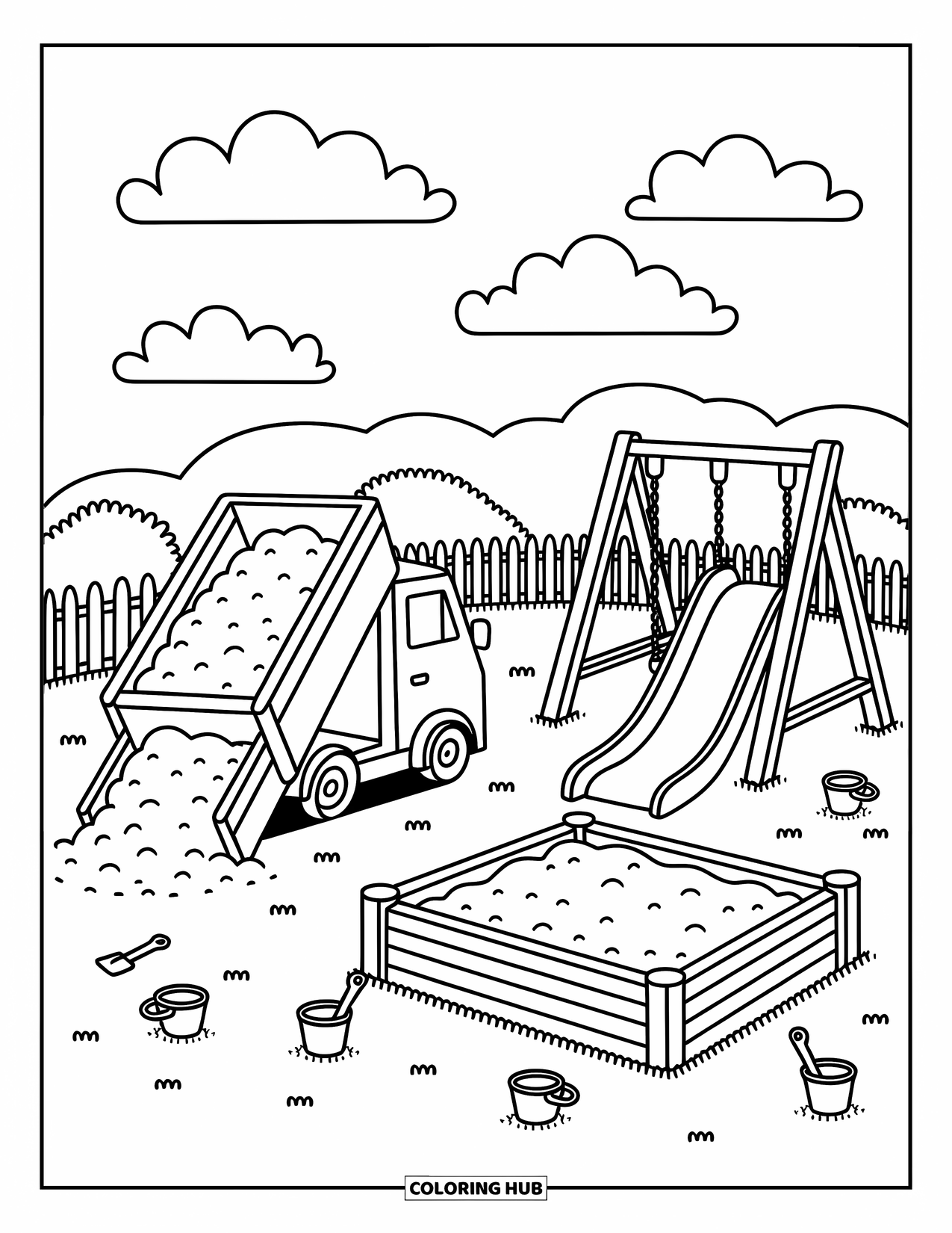 Dump Truck Coloring Page for Adults: A cheerful dump truck pours sand near a swing set, slide, and toy-strewn sandbox