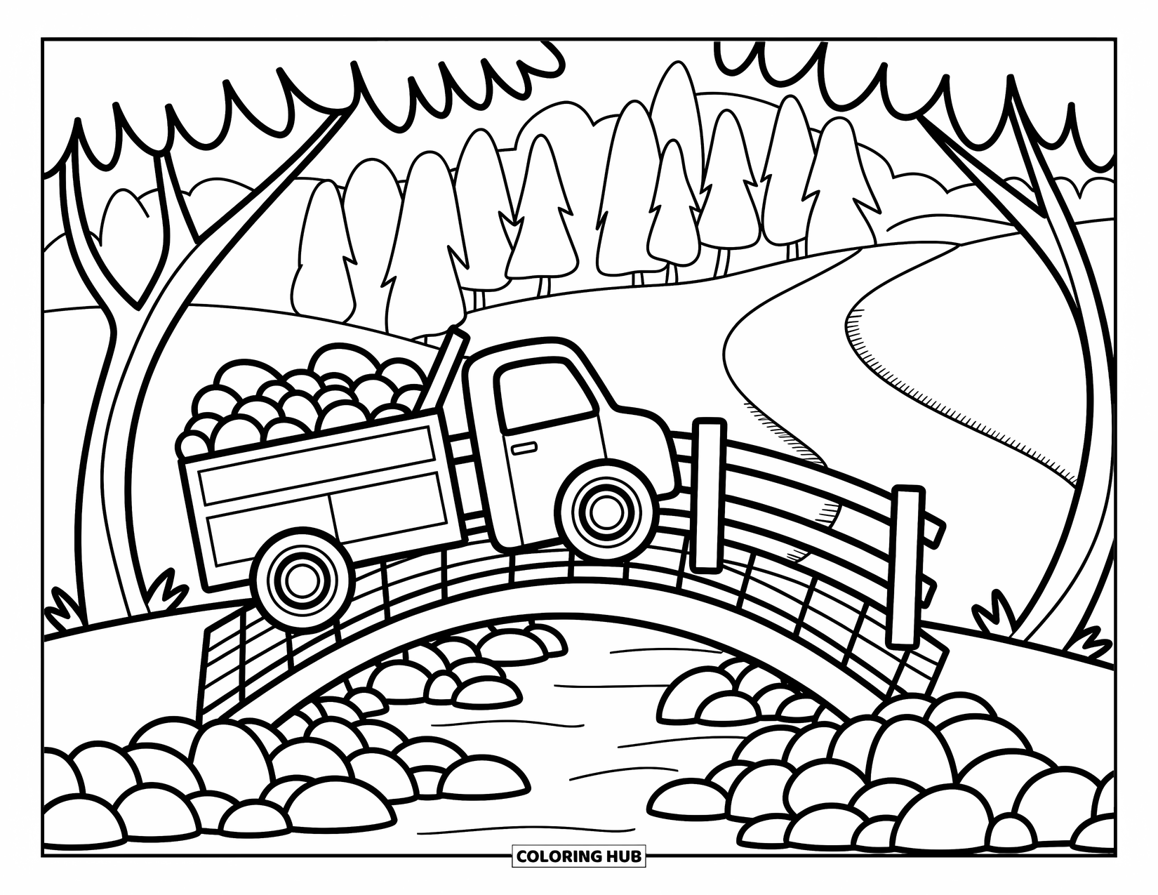 Dump Truck Coloring Page for Adults: A dump truck by a wooden bridge holds stones as trees arch overhead peacefully
