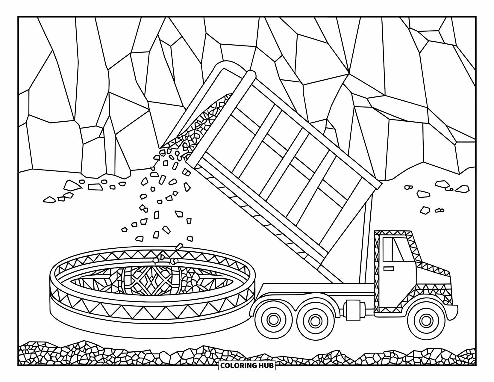 Dump Truck Coloring Page for Adults: A lifted truck unloads dirt into a patterned mosaic circle on rocky ground