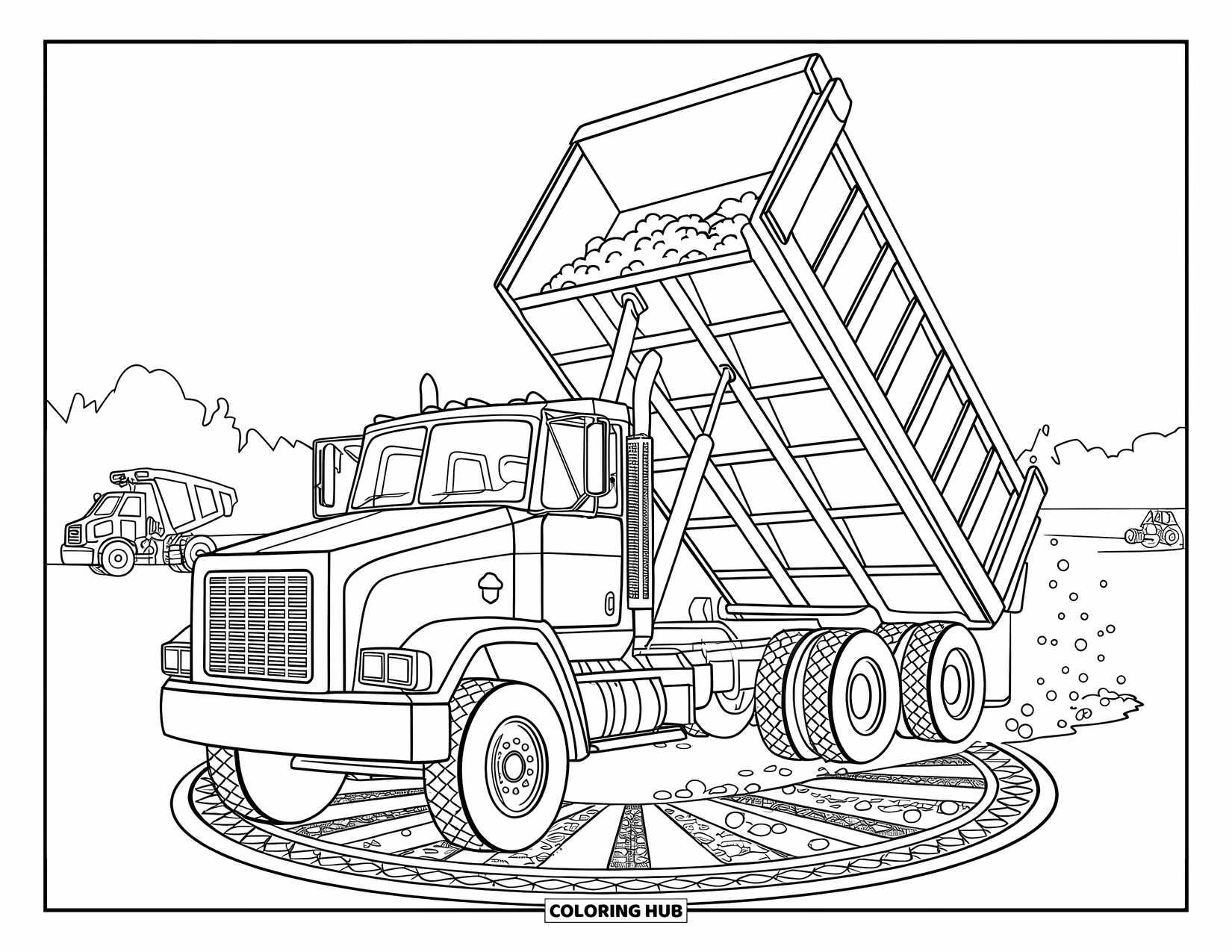 Dump Truck Coloring Page for Adults: Dirt spills from a lifted truck into a mosaic circle at a busy construction site