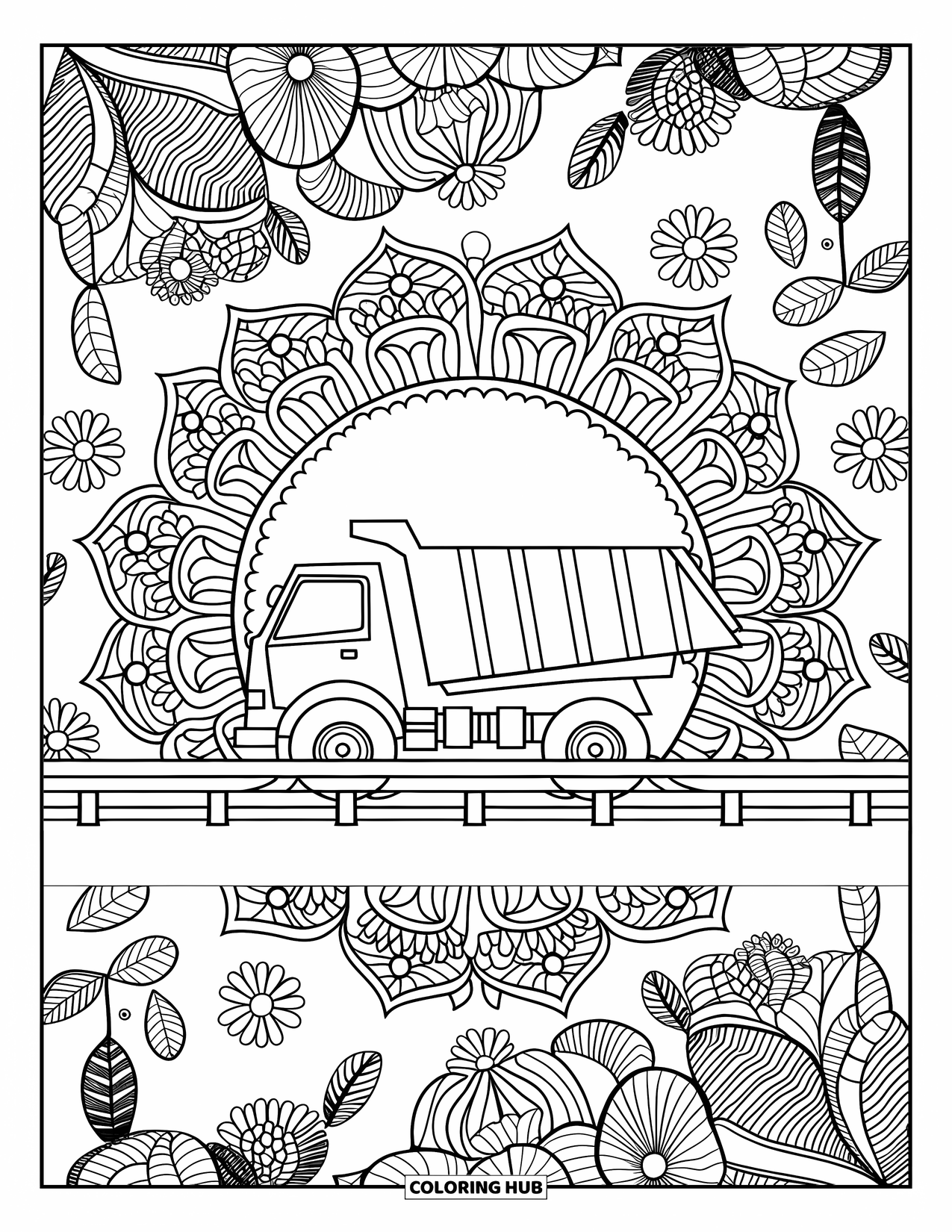 Dump Truck Coloring Page for Adults: Dump truck is framed by floral mandalas, vines, and patterned hills in the distance