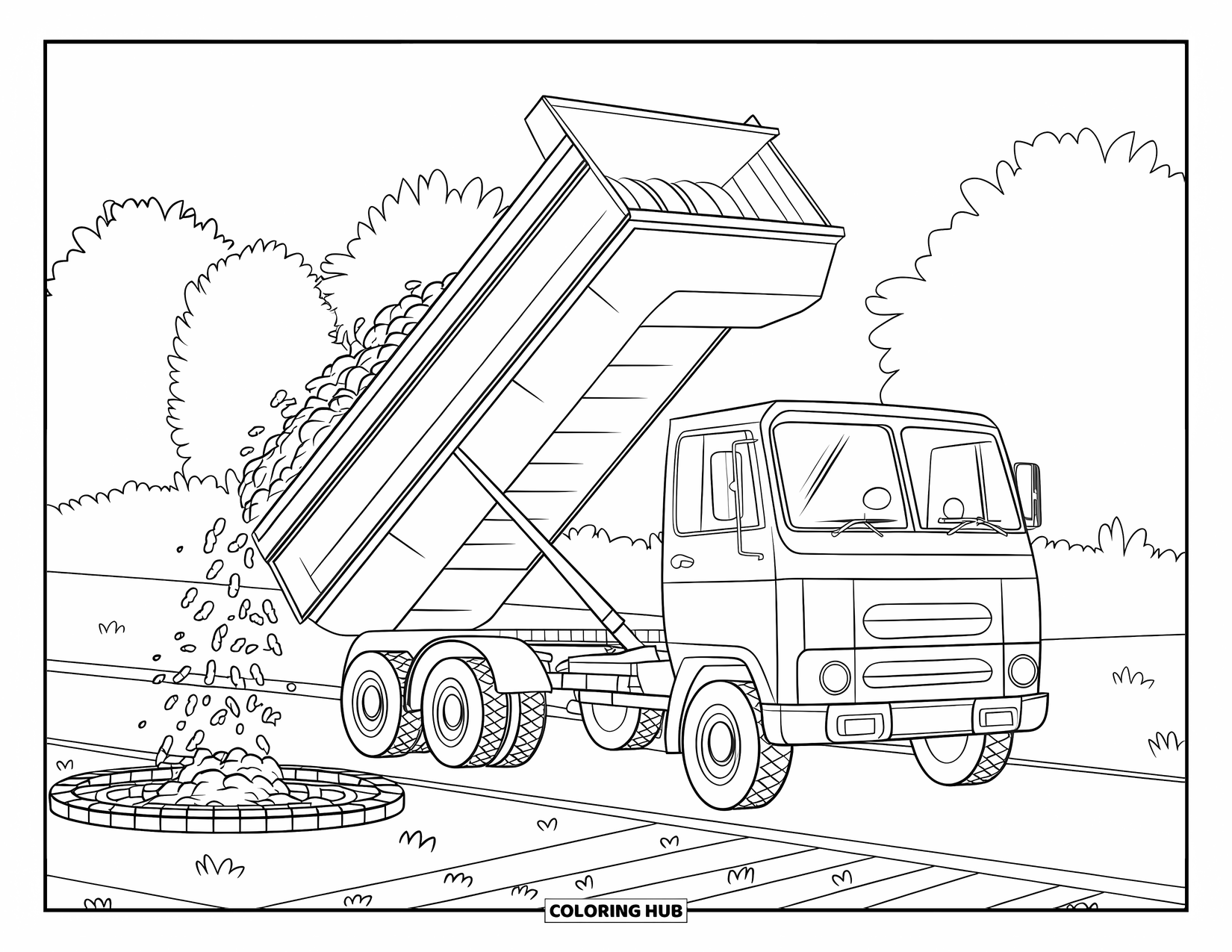 Dump Truck Coloring Page for Adults: Dump truck lifts its bed to unload dirt into a round mosaic on a grassy roadside