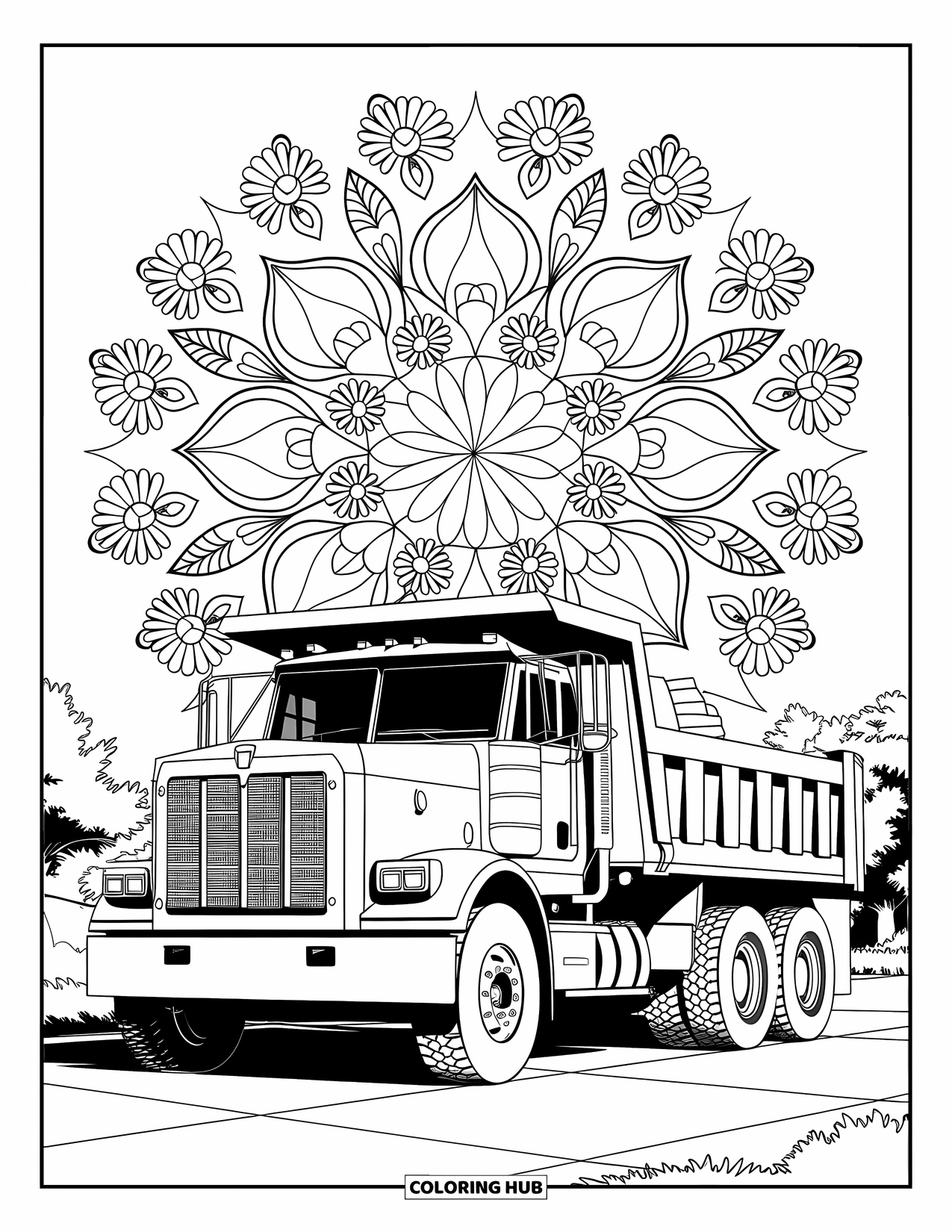 Dump Truck Coloring Page for Adults: Dump truck near a floral mandala design with trees and patterned petals around