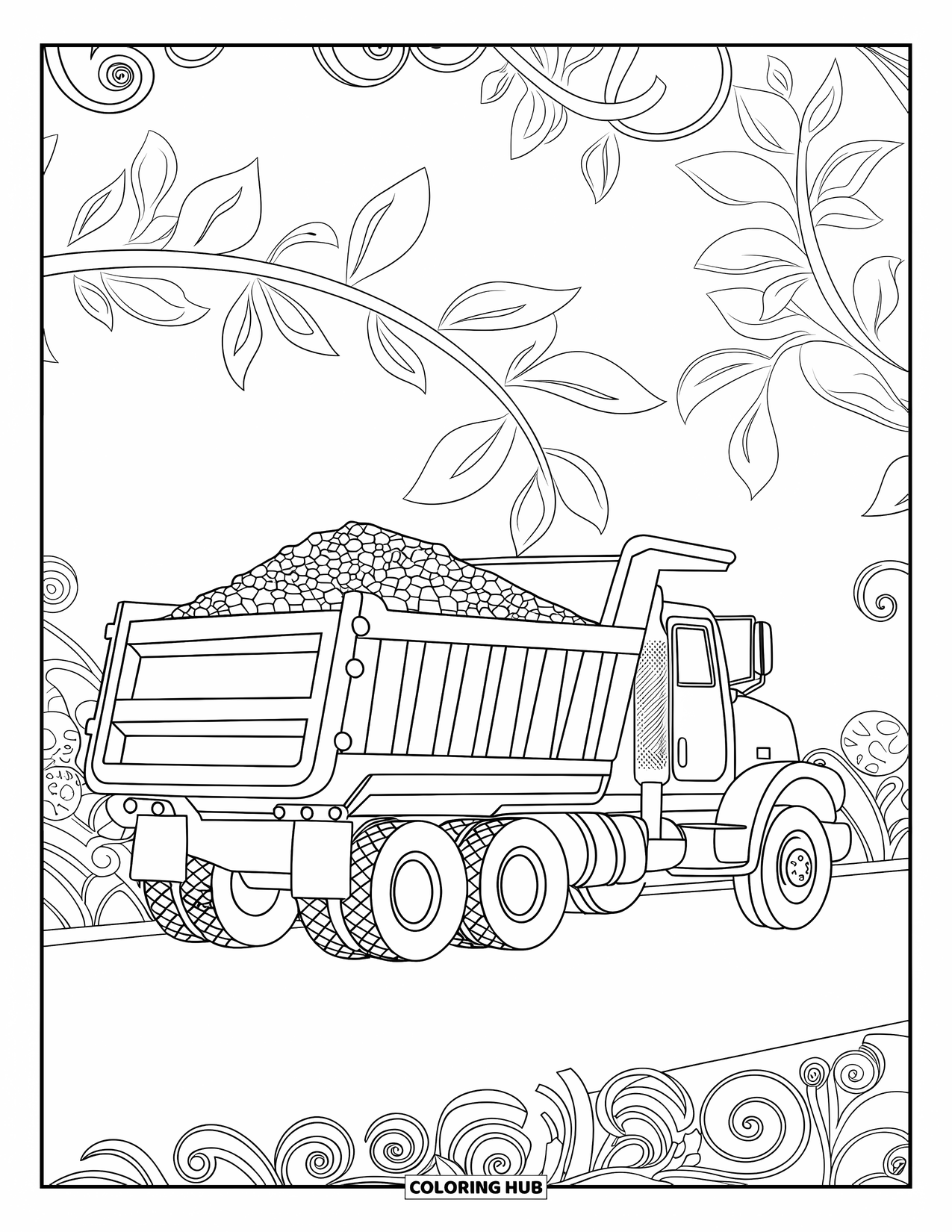 Dump Truck Coloring Page for Adults: Parked truck with gravel rests among winding botanical swirl designs and tall plants