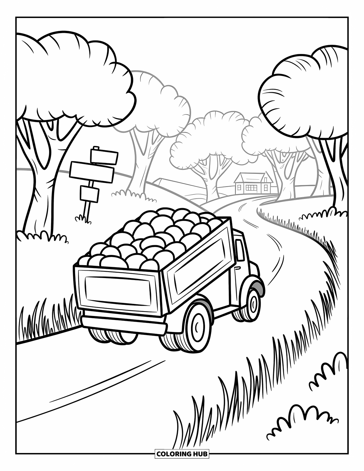 Dump Truck Coloring Page for Adults: Truck carrying pebbles drives through a gentle countryside with trees, grass, and rolling hills