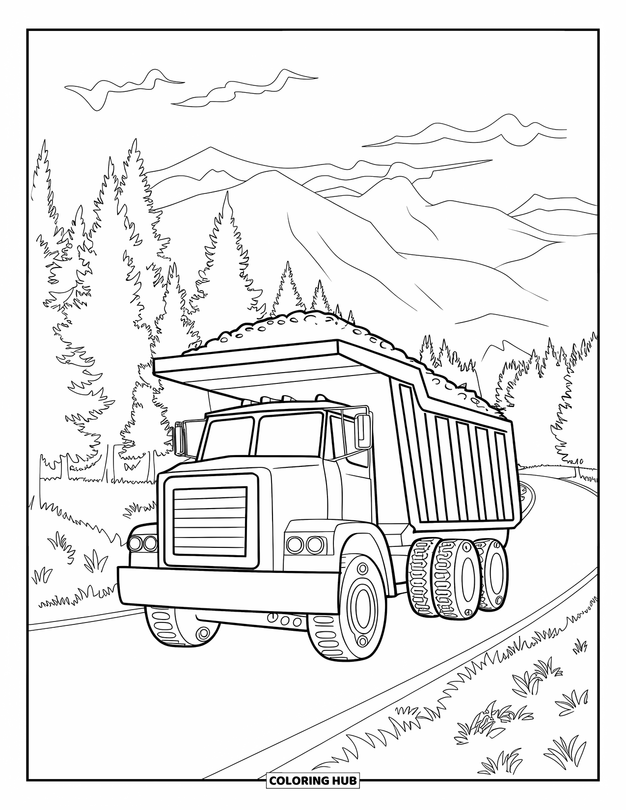 Dump Truck Coloring Page for Adults: Truck drives a winding forest road, surrounded by swirling botanical shapes and mountain views