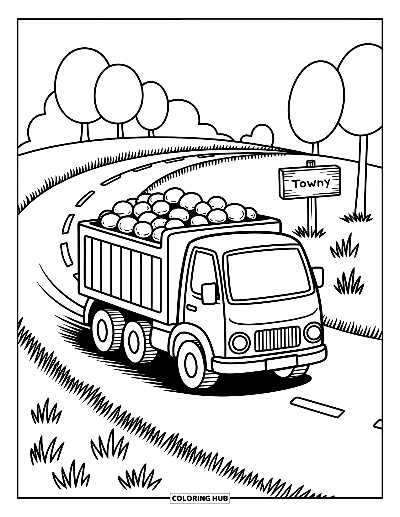 Dump Truck Coloring Page for Adults: Truck filled with pebbles rolls past grass tufts and trees on a sunny country road