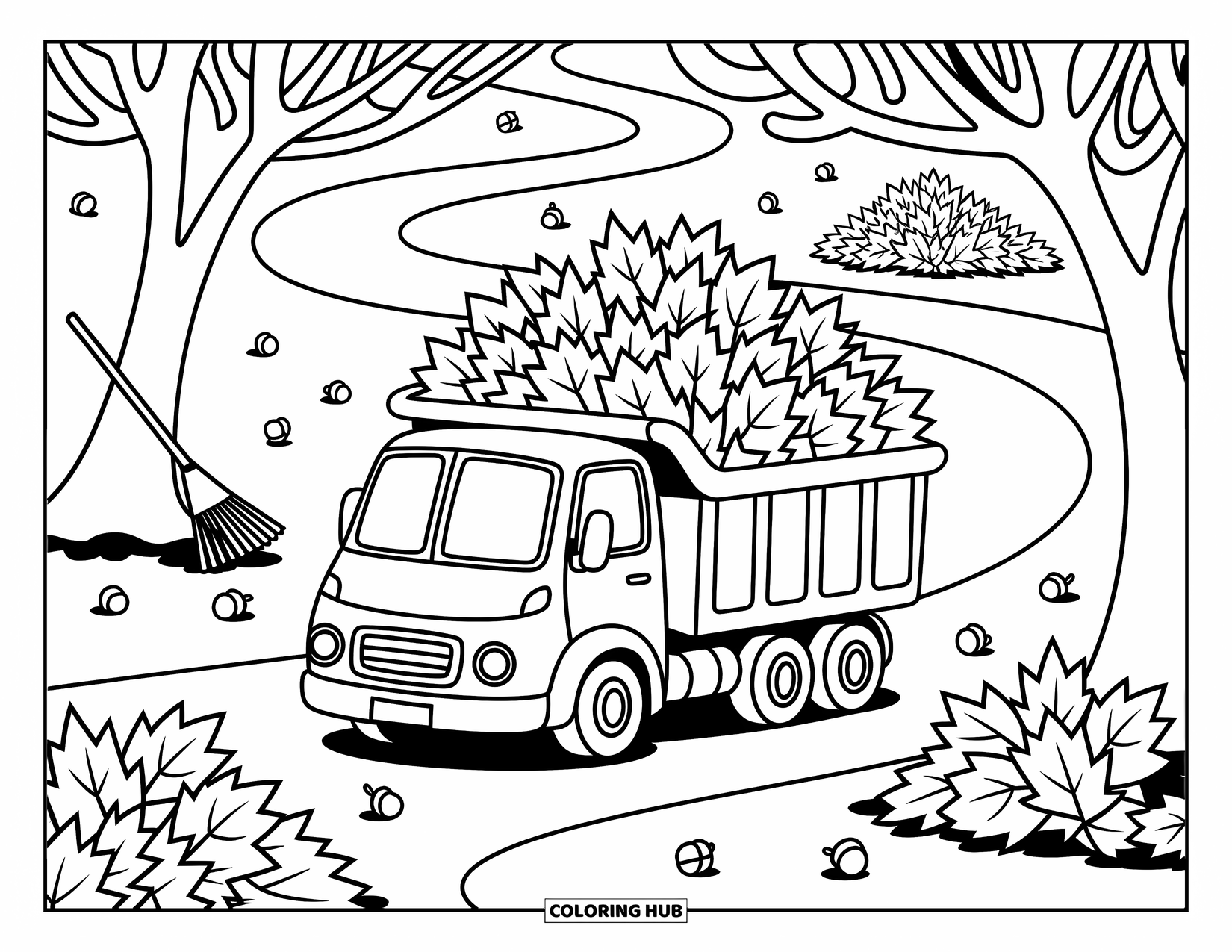 Dump Truck Coloring Page for Adults: Truck overflowing with autumn leaves rests beside a path lined with trees and fallen twigs