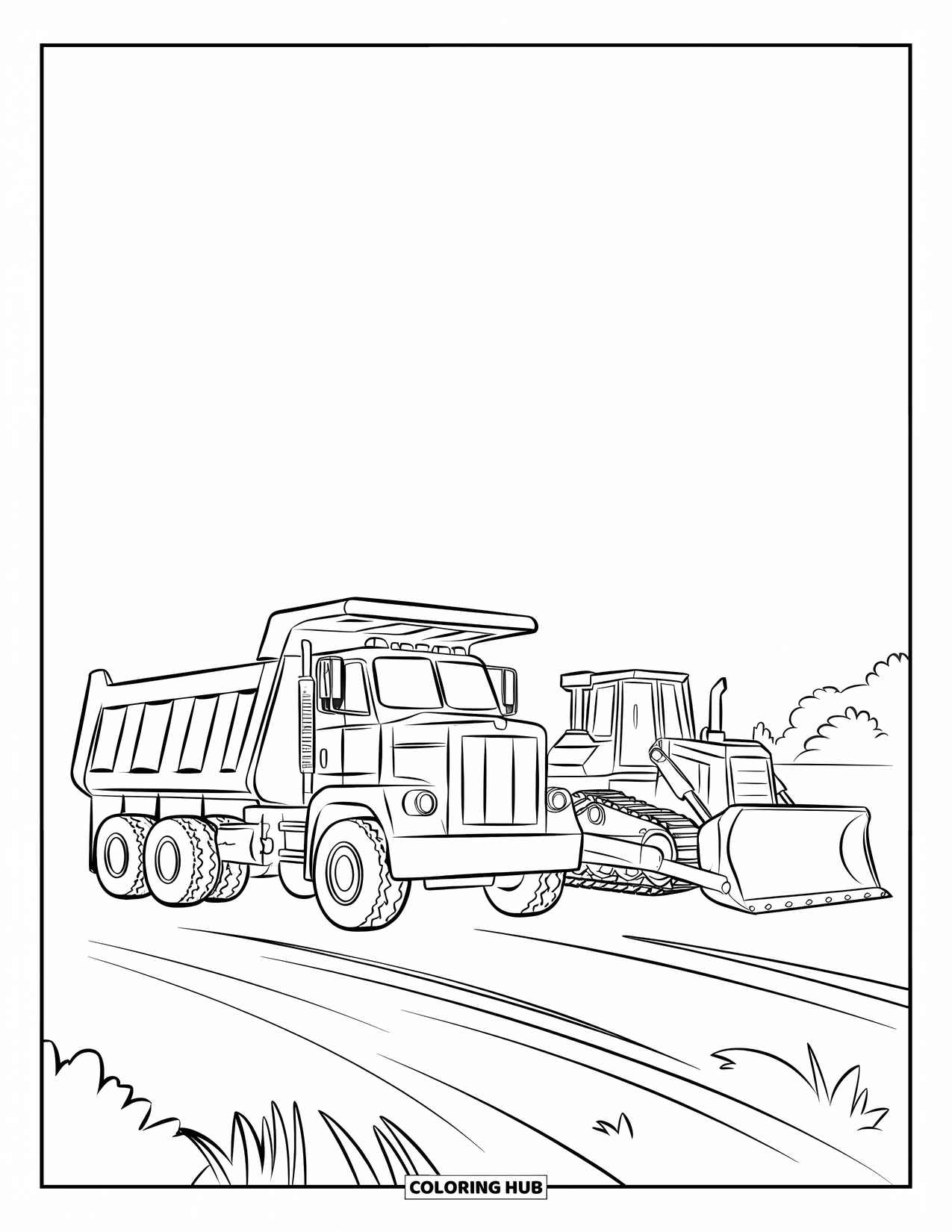 Dump Truck Coloring Page for Kids: A bright dump truck and bulldozer resting in an open space with trees