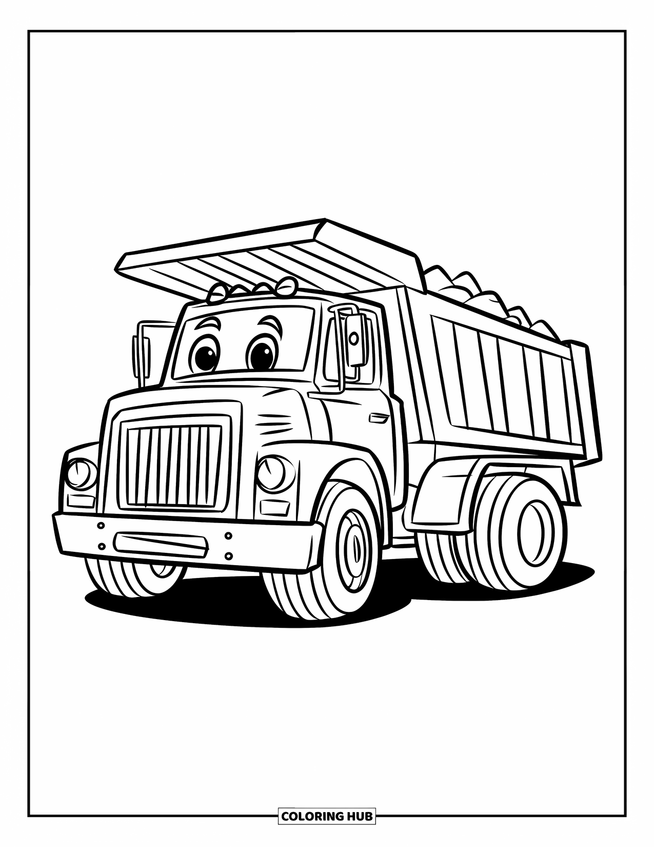 Dump Truck Coloring Page for Kids: A cheerful dump truck full of rocks shown from the side on a clean white page