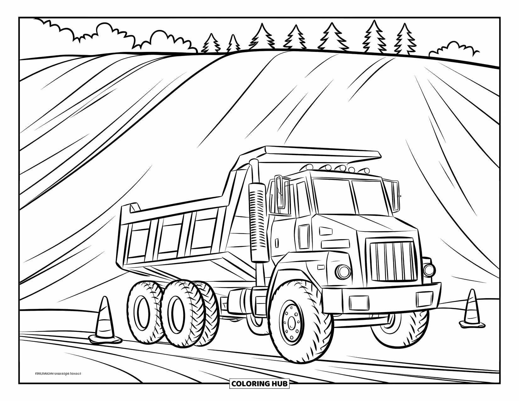 Dump Truck Coloring Page for Kids: A cheerful dump truck with cones by a dirt hill and some distant trees