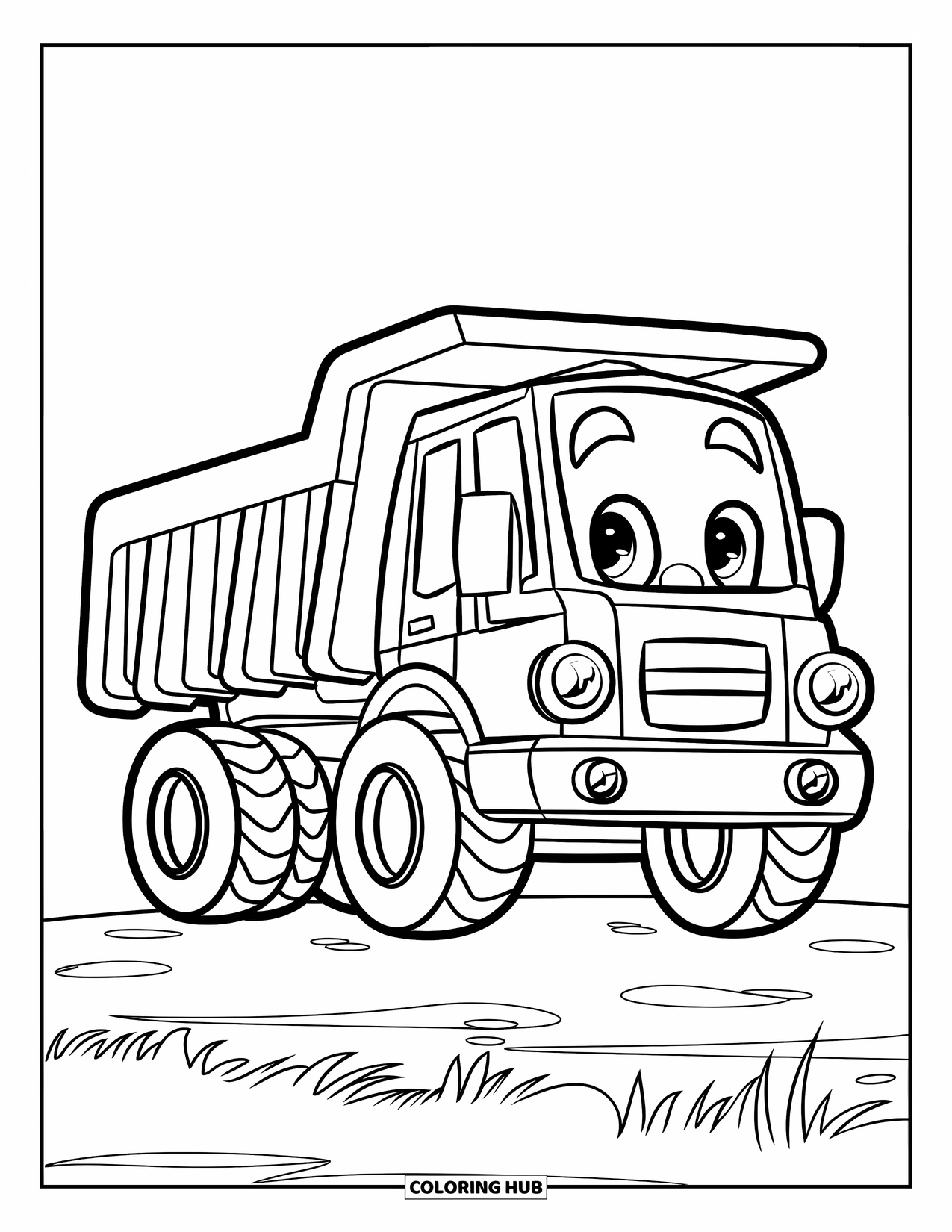 Dump Truck Coloring Page for Kids: A cute dump truck with big wheels parked on flat, grassy ground