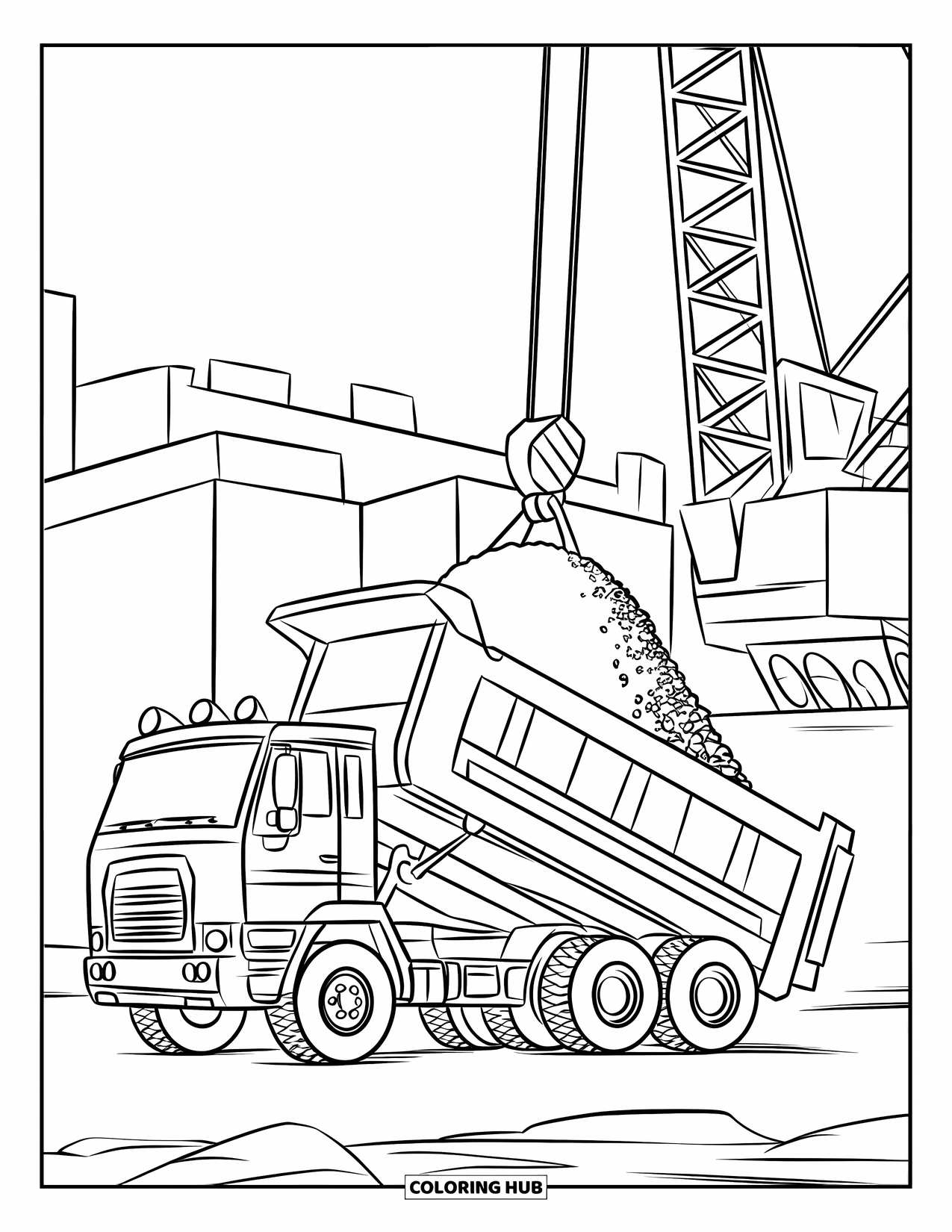 Dump Truck Coloring Page for Kids: A dump truck and crane at a basic construction site with buildings faintly in the background