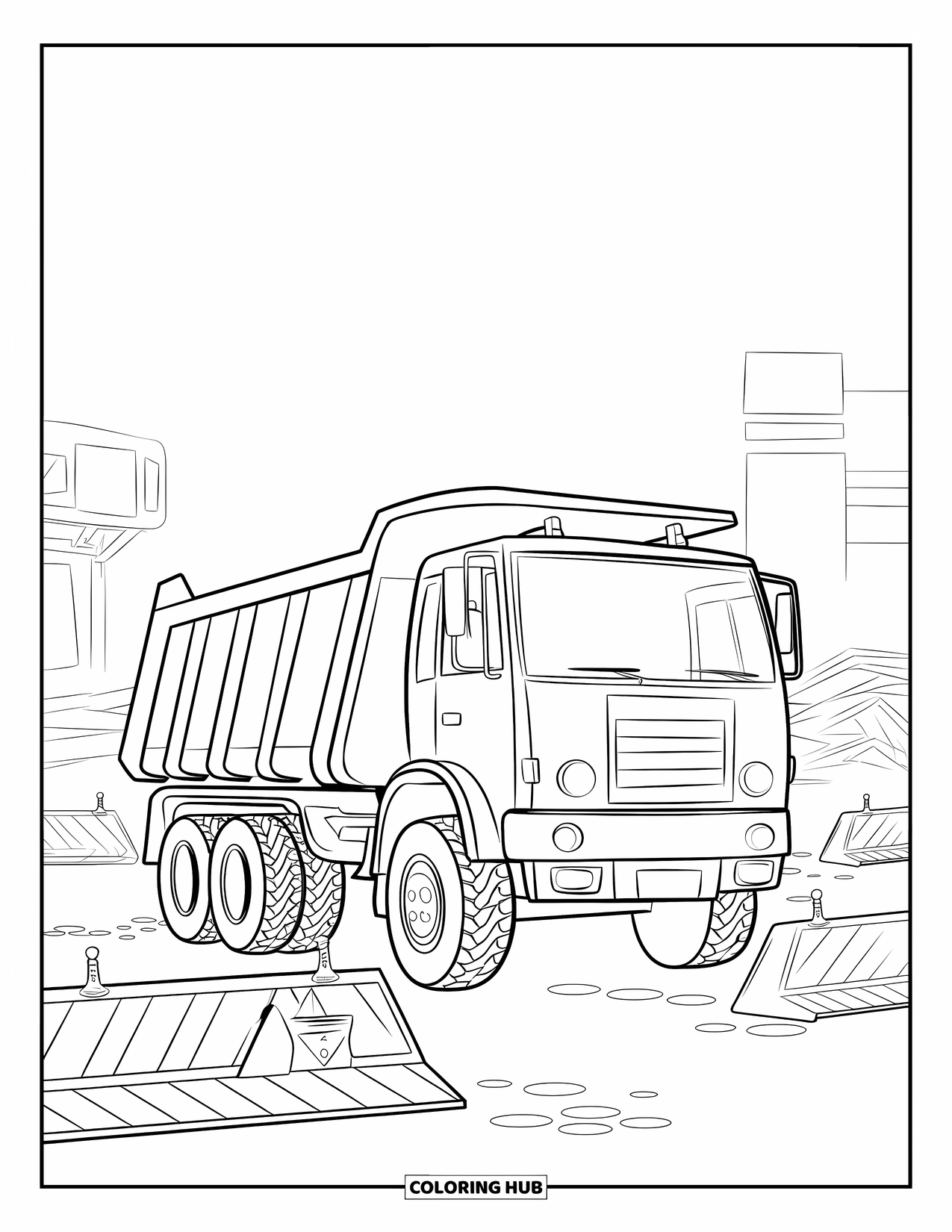 Dump Truck Coloring Page for Kids: A dump truck and flashing warning light near a construction zone