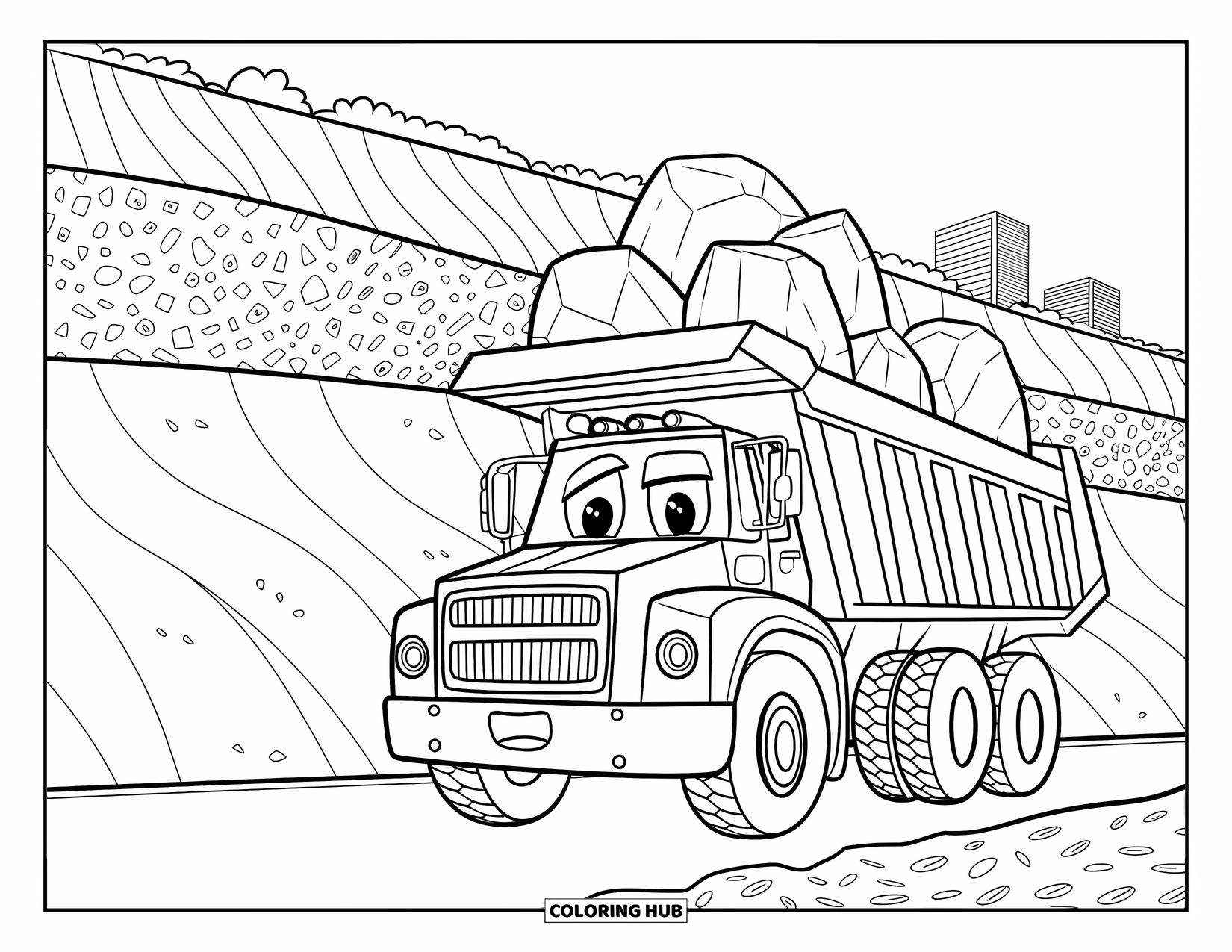 Dump Truck Coloring Page for Kids: A dump truck carrying boulders past layered, patterned soil textures