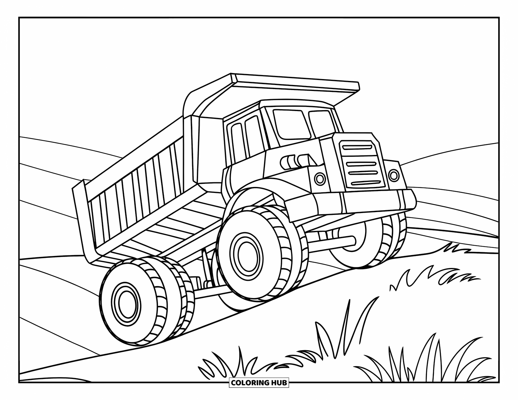 Dump Truck Coloring Page for Kids: A dump truck climbing gently sloped hills in a serene, rolling landscape