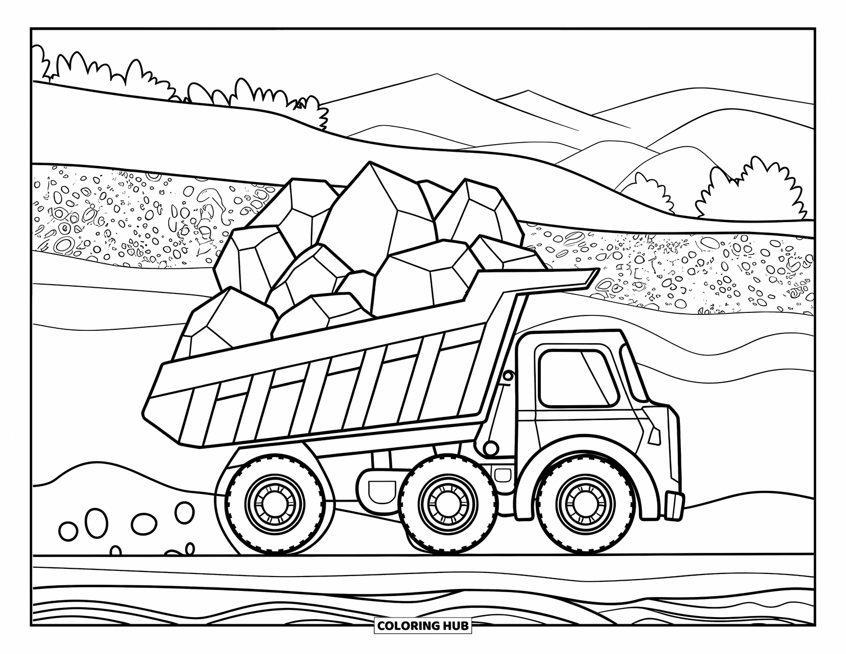 Dump Truck Coloring Page for Kids: A dump truck drives past textured soil layers under a peaceful sky