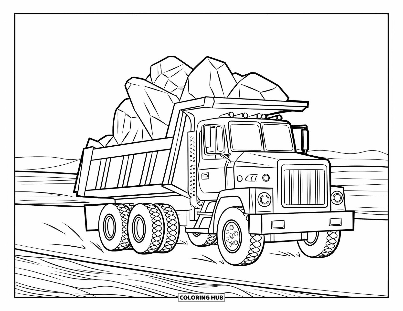 Dump Truck Coloring Page for Kids: A dump truck full of boulders beside layered earth in a calm landscape