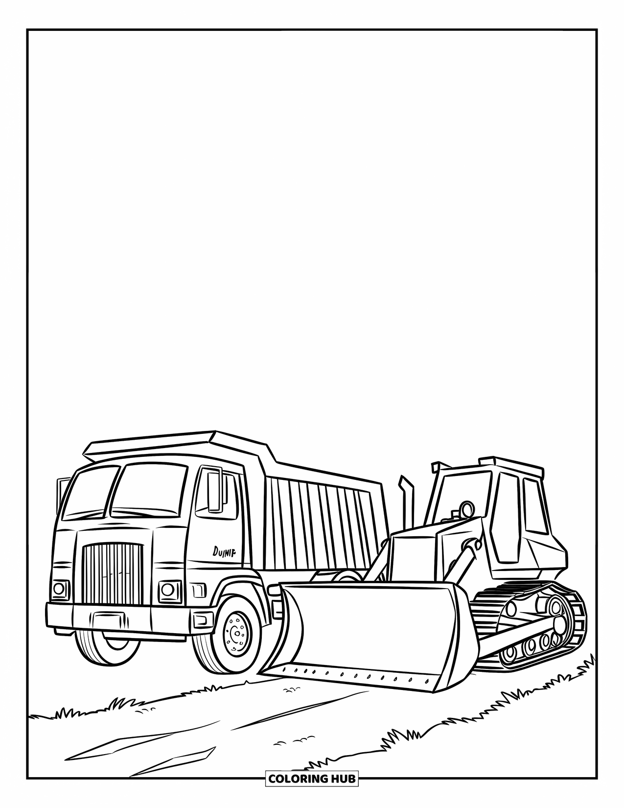 Dump Truck Coloring Page for Kids: A dump truck marked "Dump Truck" sits beside a "Bulldozer" buddy