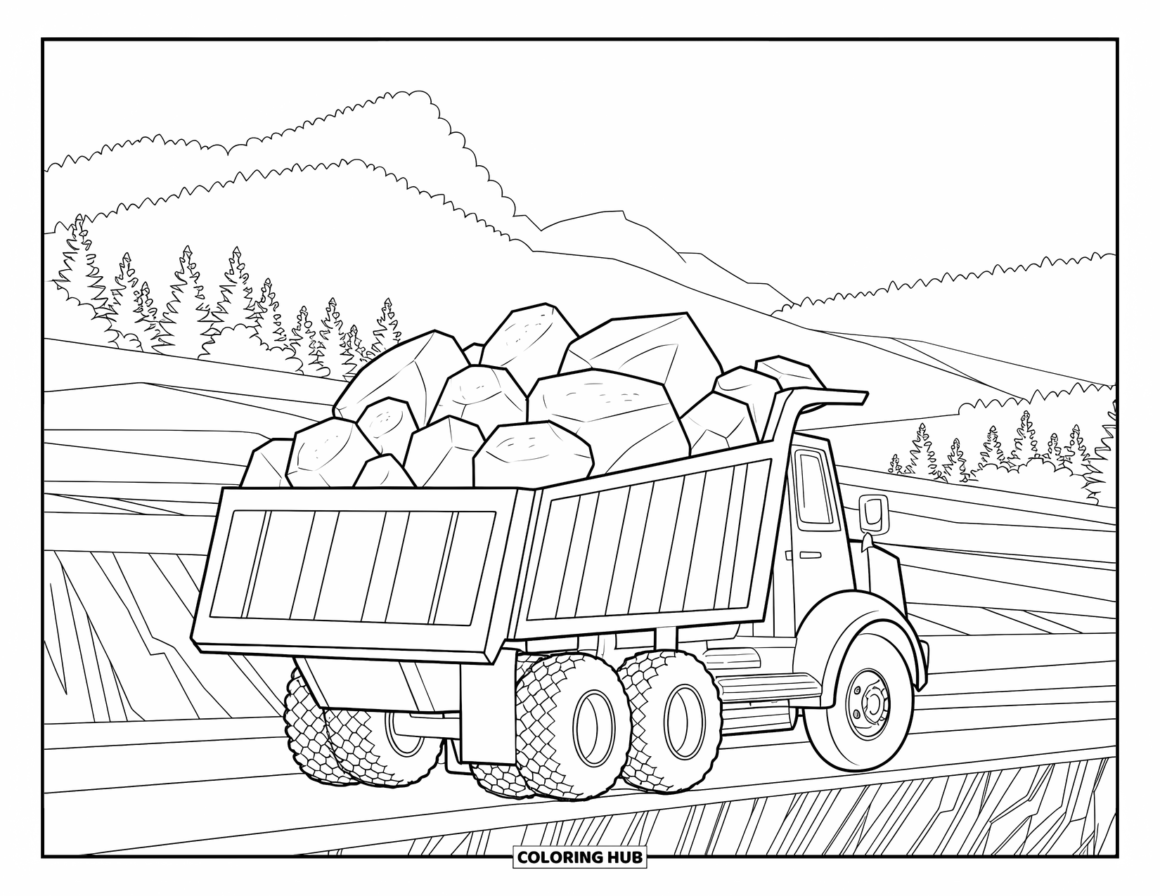 Dump Truck Coloring Page for Kids: A dump truck on bumpy terrain, soil layers beneath and hills behind