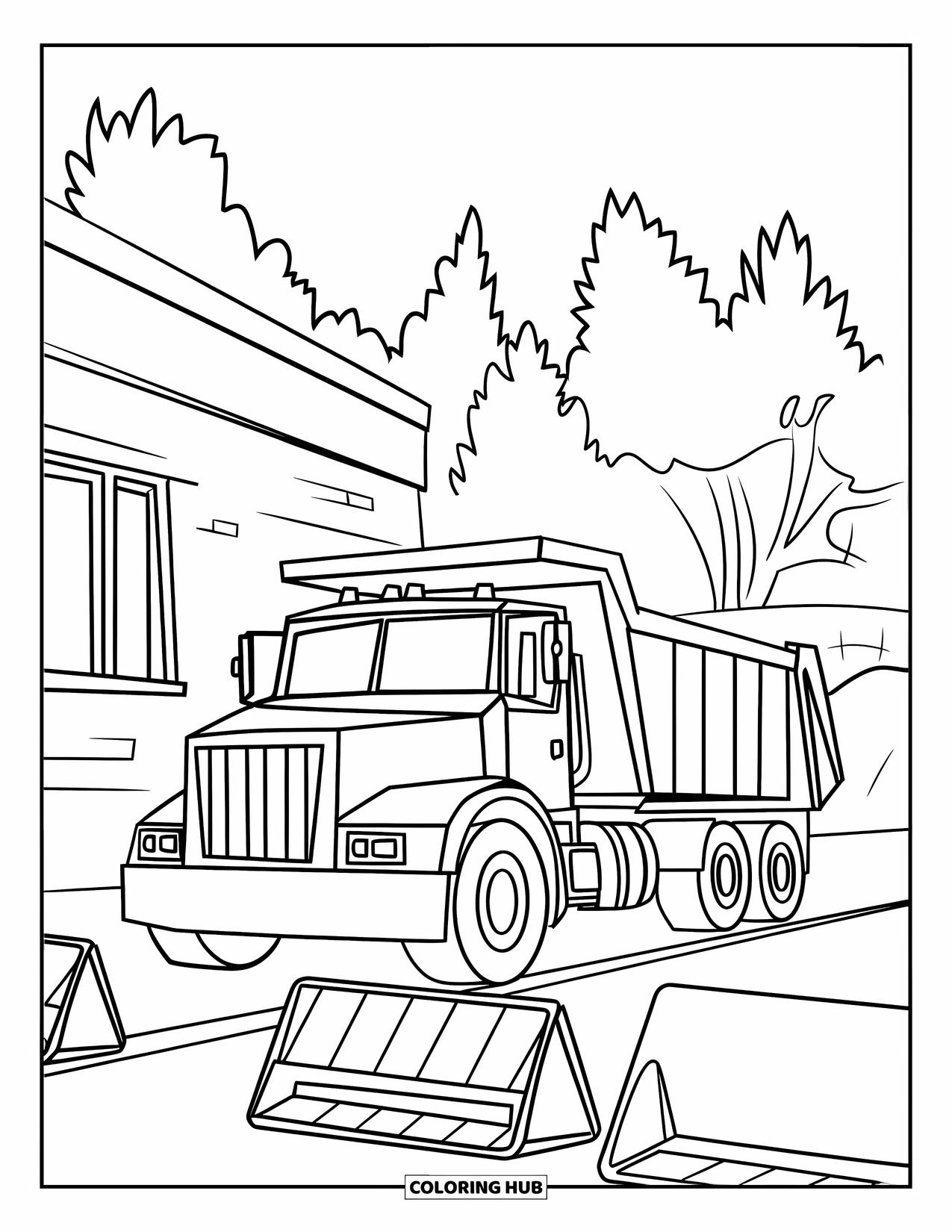 Dump Truck Coloring Page for Kids: A dump truck parked near trees, buildings, and a warning sign