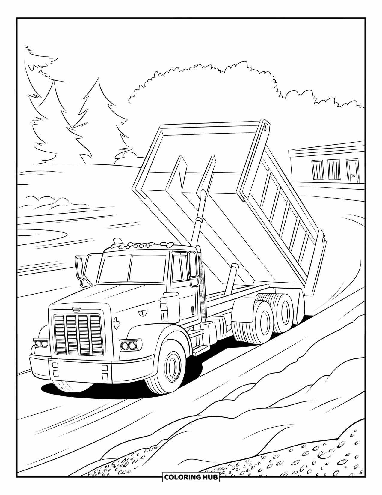 Dump Truck Coloring Page for Kids: A dump truck reversing to a gravel pit, lift tilted and trees behind