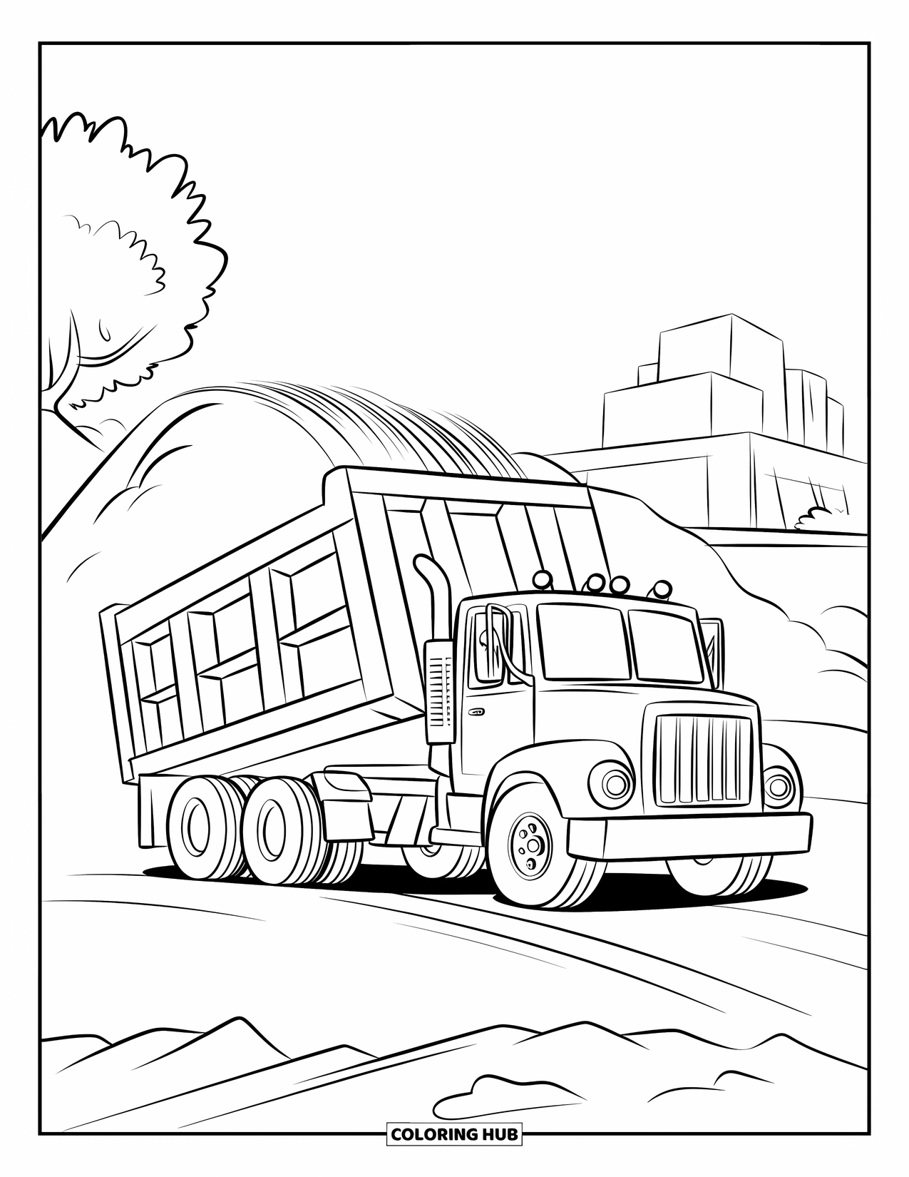 Dump Truck Coloring Page for Kids: A dump truck tipping sand beside a small dirt hill with a minimal background