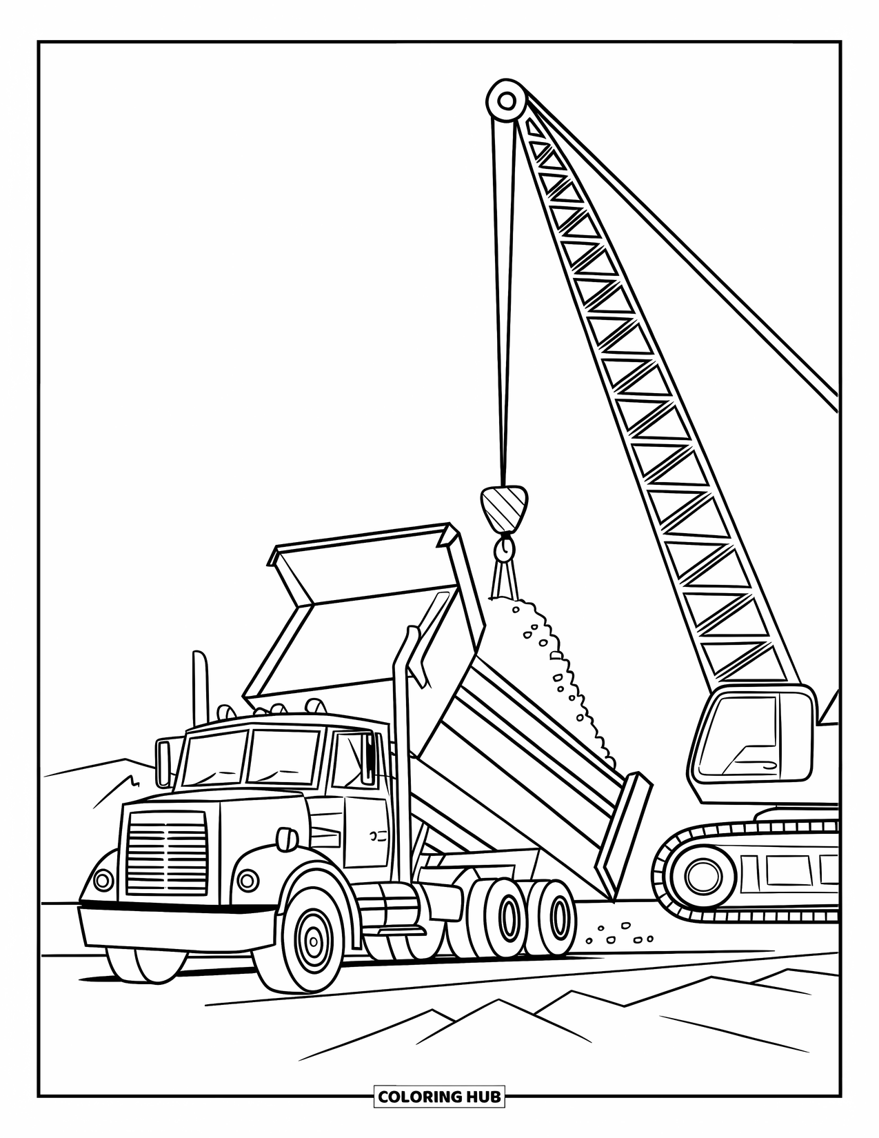 Dump Truck Coloring Page for Kids: A dump truck unloading gravel next to a crane, with no shading or extra texture