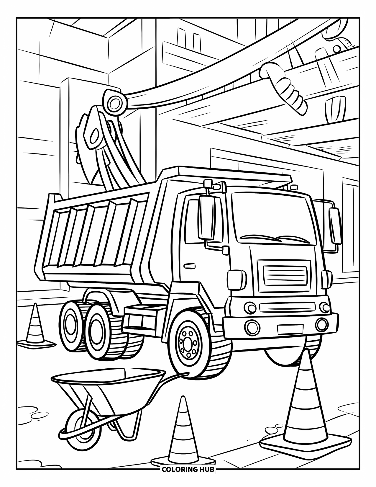 Dump Truck Coloring Page for Kids: A dump truck with a mascot parked at a site with tools and buildings