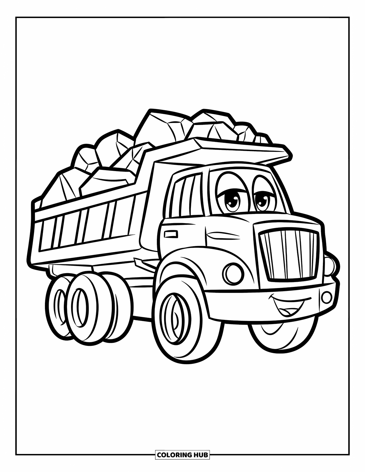 Dump Truck Coloring Page for Kids: A dump truck with big rocks in the bed, smiling and side-facing, with no background clutter