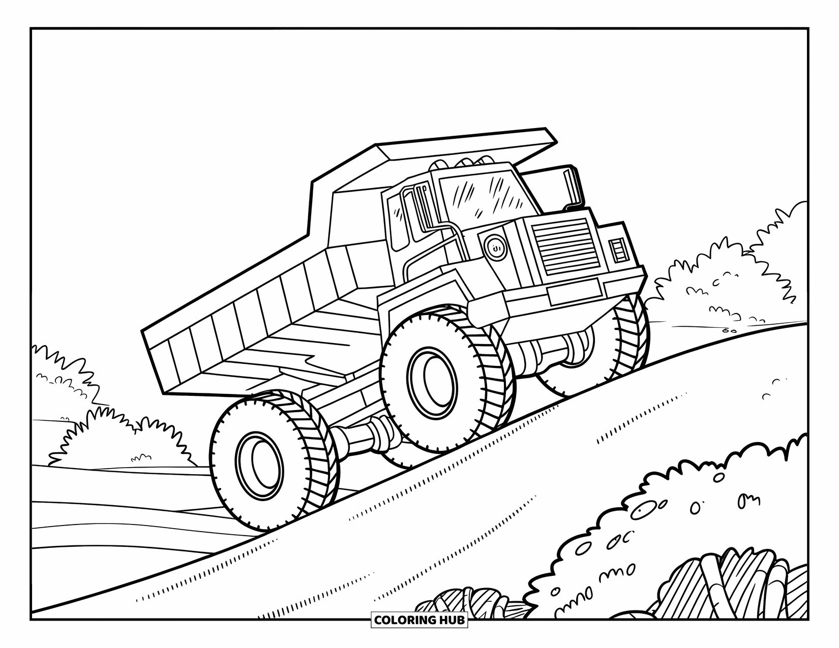 Dump Truck Coloring Page for Kids: A dump truck with bold wheels driving up a hill, surrounded by trees and a peaceful horizon