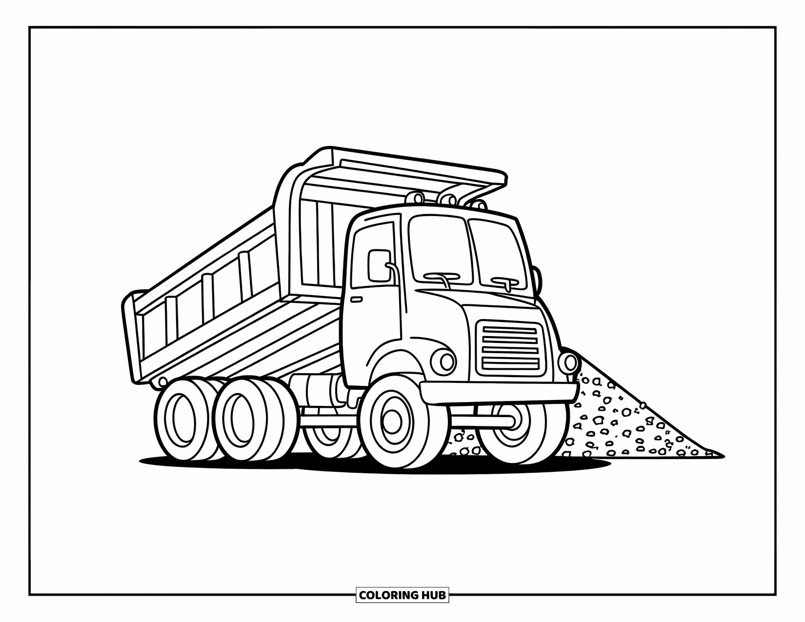 Dump Truck Coloring Page for Kids: A dump truck with its bed raised next to a gravel pile, drawn with simple bold outlines
