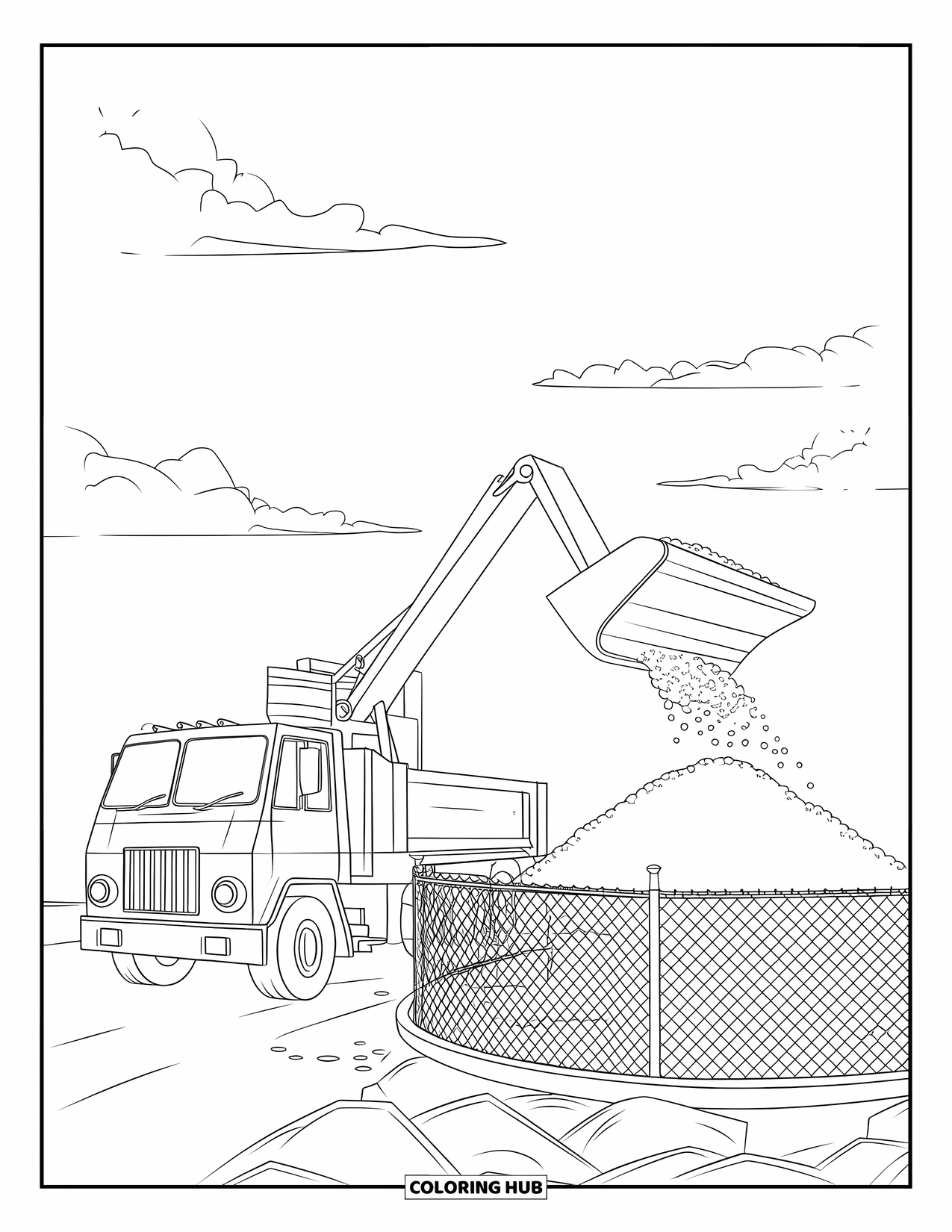 Dump Truck Coloring Page for Kids: A dump truck with its lift up near gravel, fenced off and ready to unload