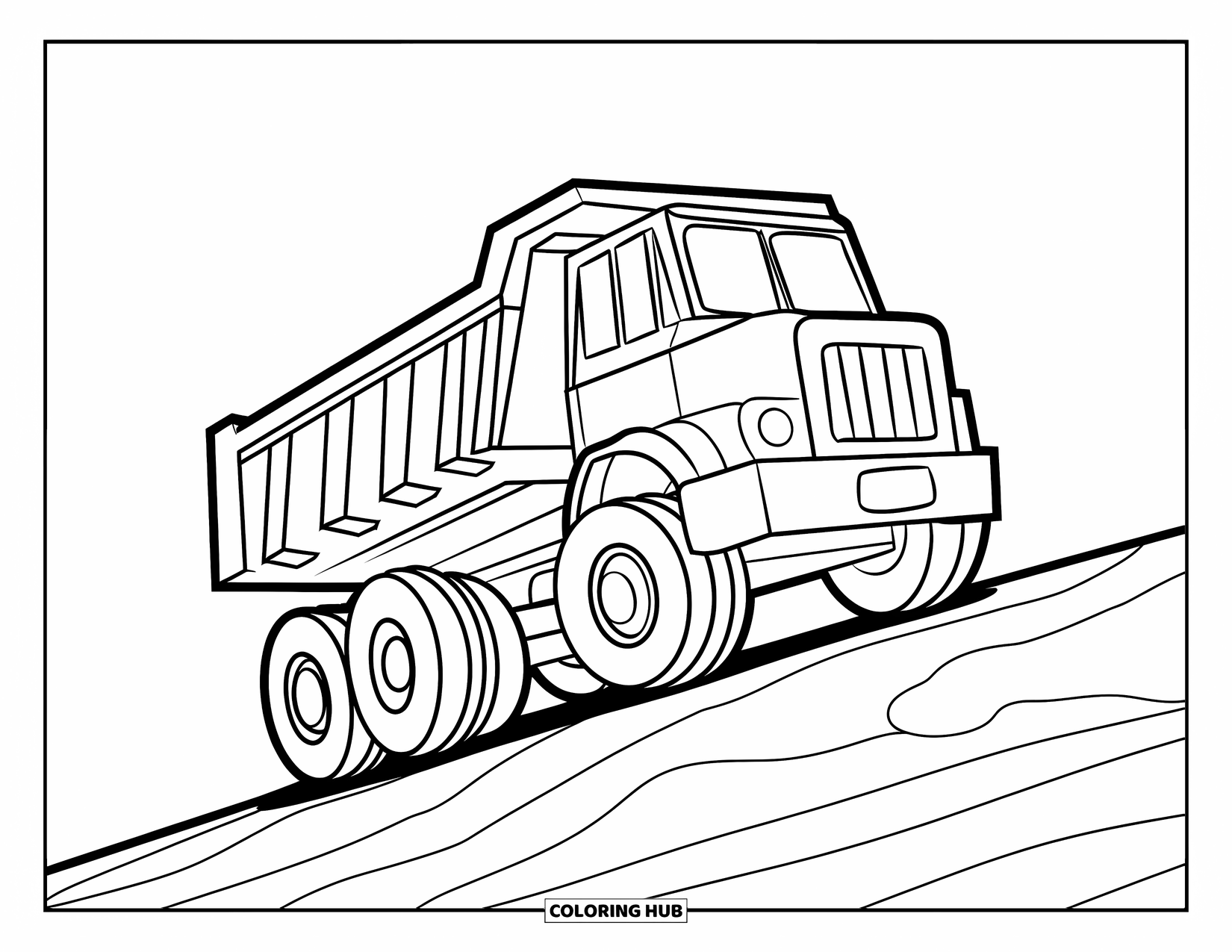 Dump Truck Coloring Page for Kids: A dump truck with large tires climbing a gentle hill with a smooth white background
