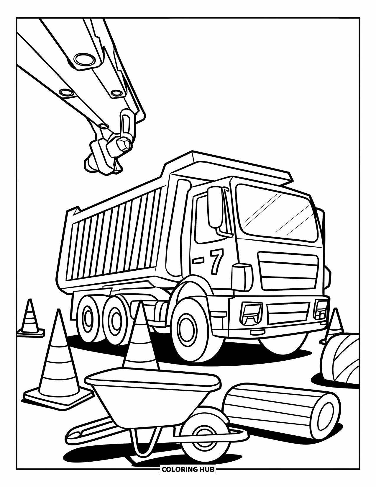 Dump Truck Coloring Page for Kids: A dump truck with the number "7" parked with cones and a crane arm