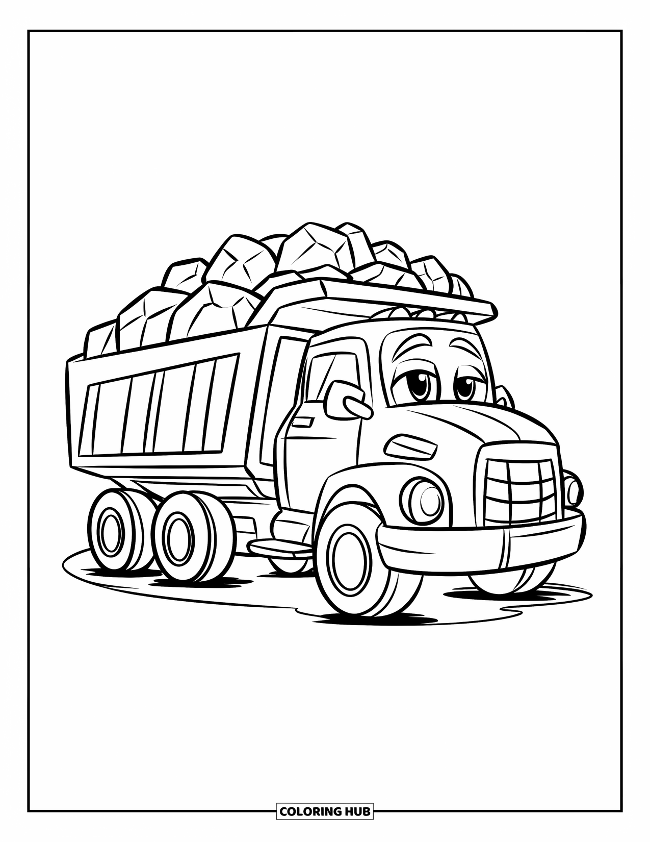 Dump Truck Coloring Page for Kids: A happy dump truck loaded with round rocks, parked on a flat surface with white space around